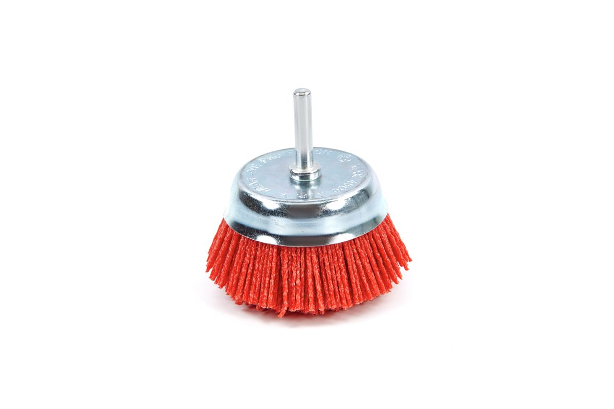 Cepillo de copa de nylon HBM de 75 mm, cepillo de lijado con vástago de 6 mm