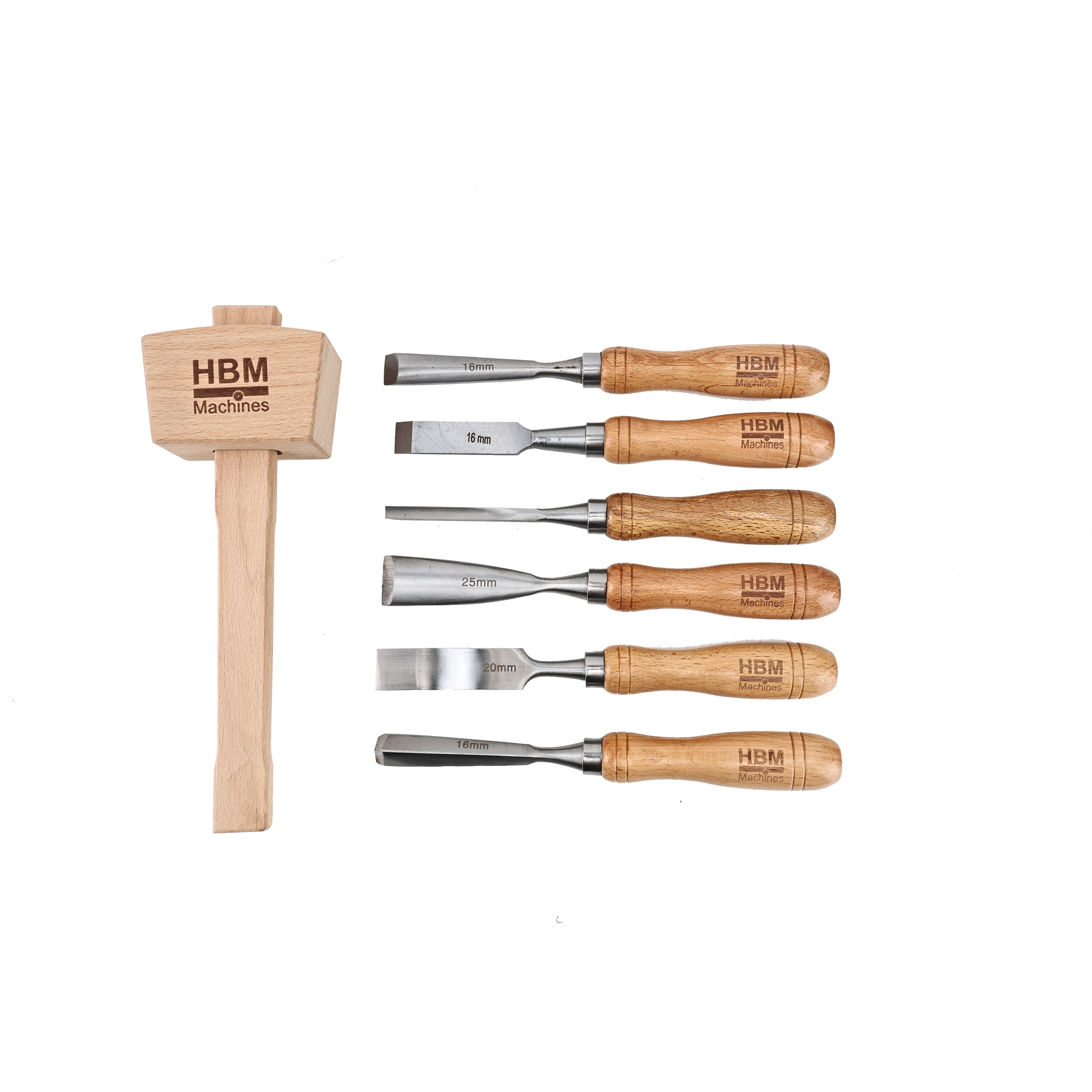 HBM gutsenset, steekbeitelset, houten hamer, 220 mm 7-delig