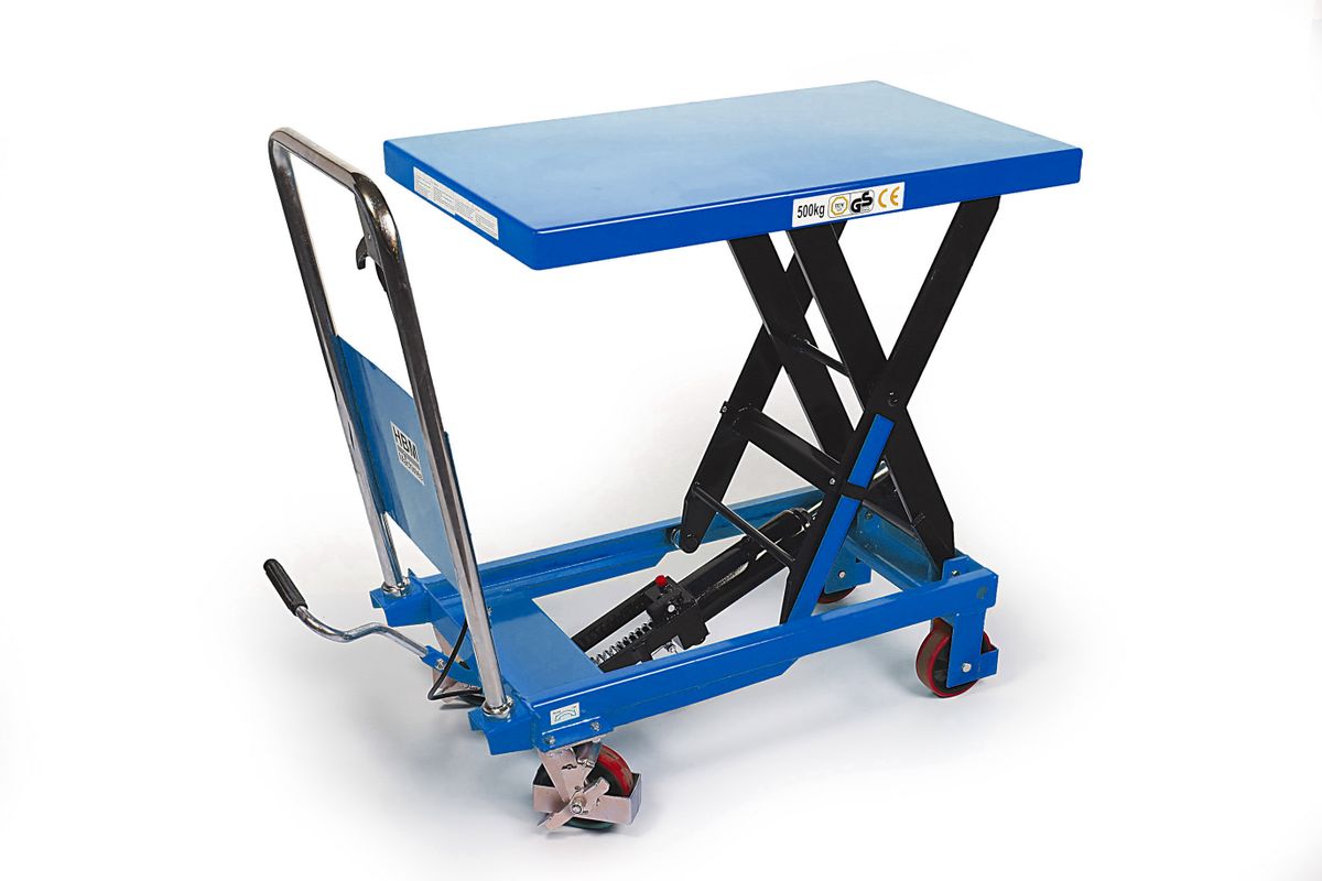 HBM Mesa de trabajo móvil / mesa elevadora 500 kg, azul