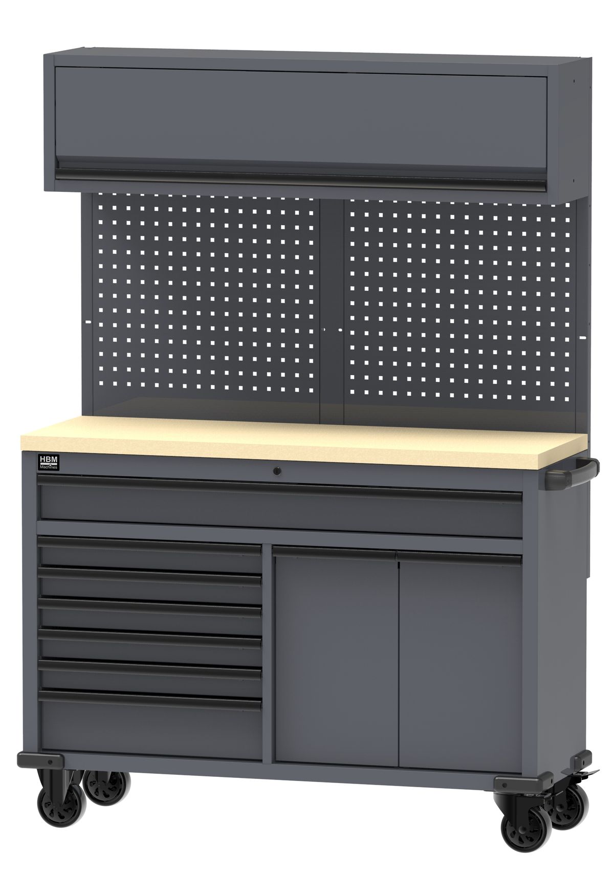 Mesa de trabajo móvil HBM 136 cm con 7 cajones y armario superior, gris