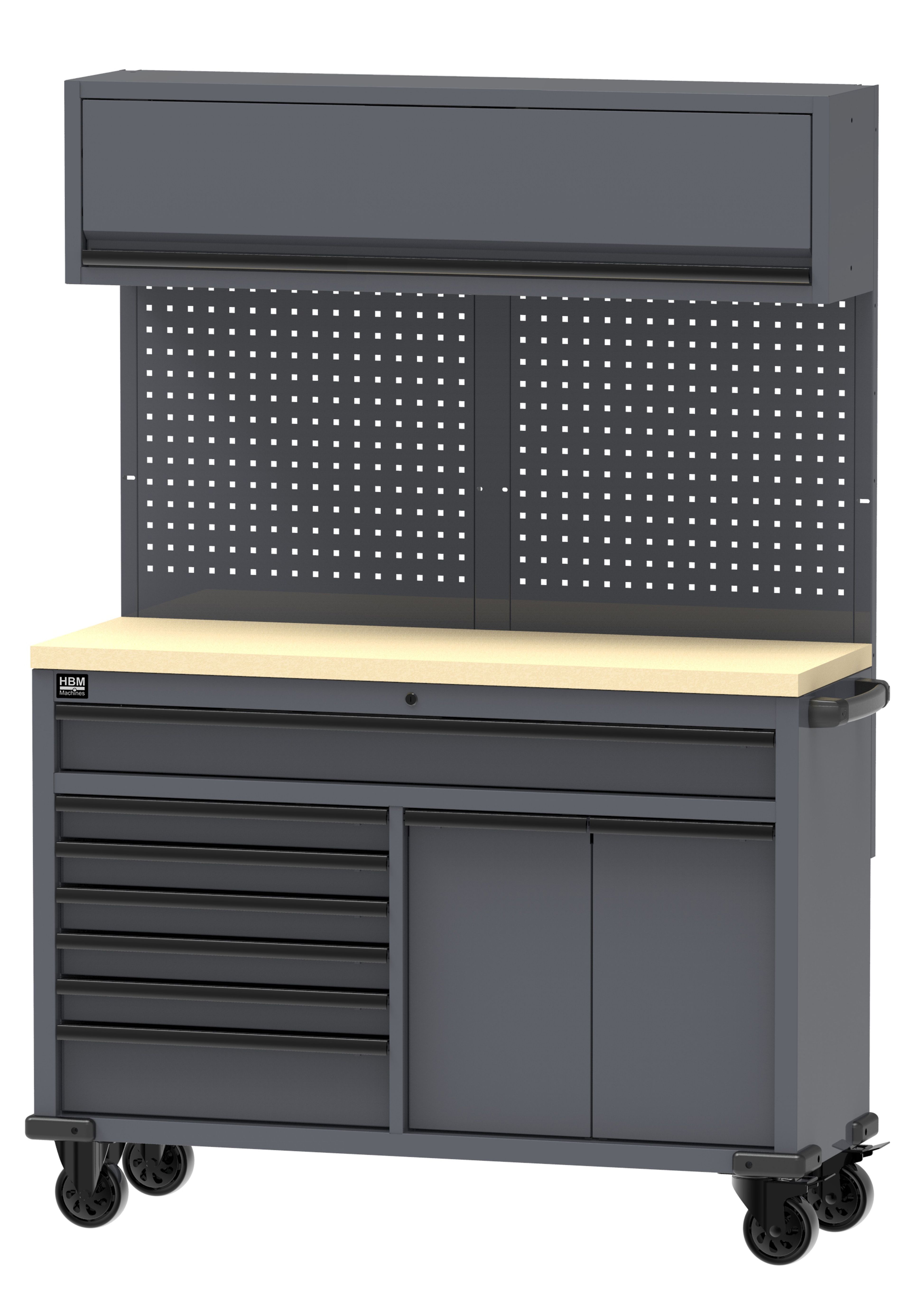 HBM verrijdbare werkbank 136 cm met 7 laden en bovenkast, grijs