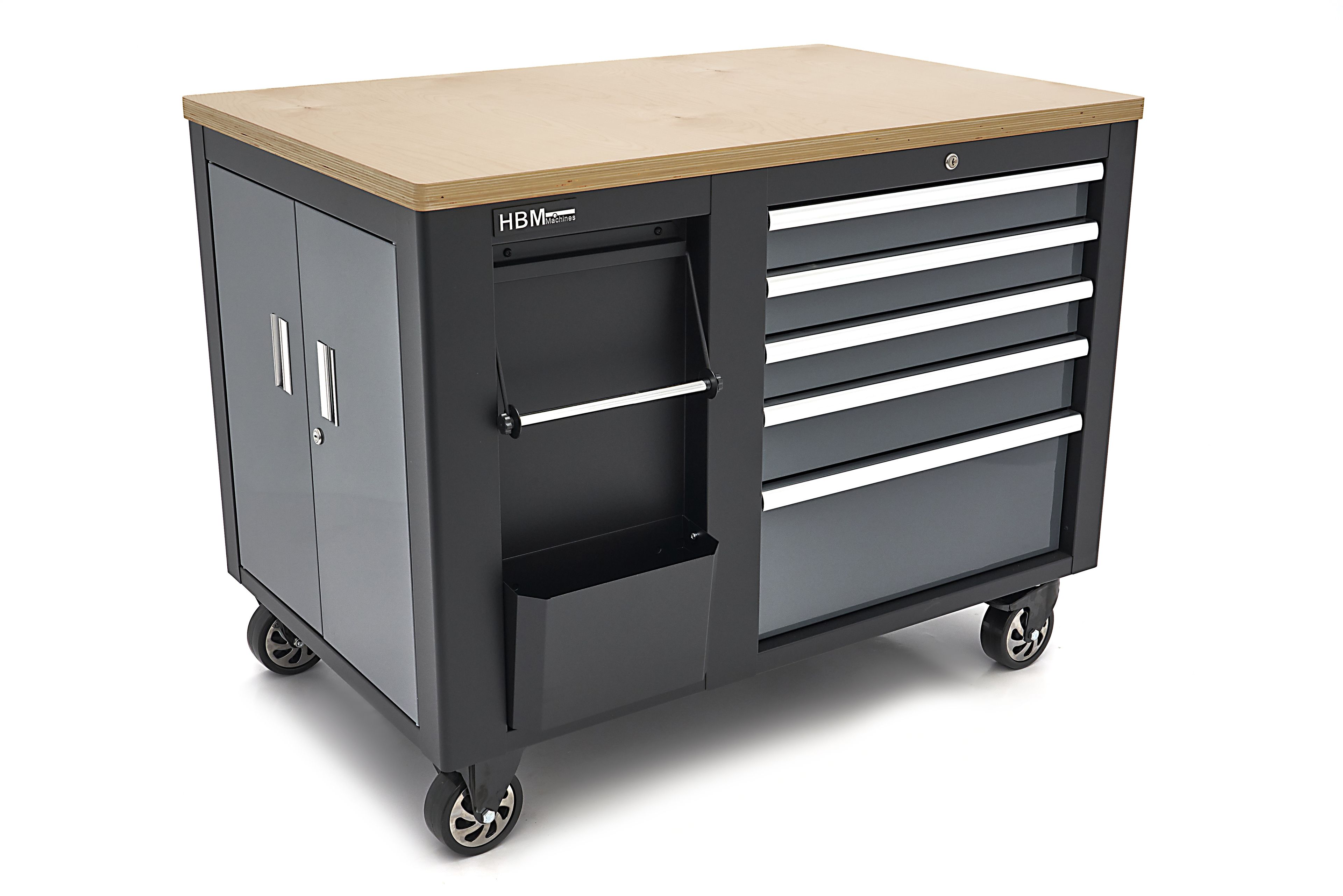 HBM verrijdbare gereedschapswagen, werkbank 114 cm met houten werkblad, zwart/grijs Image 2
