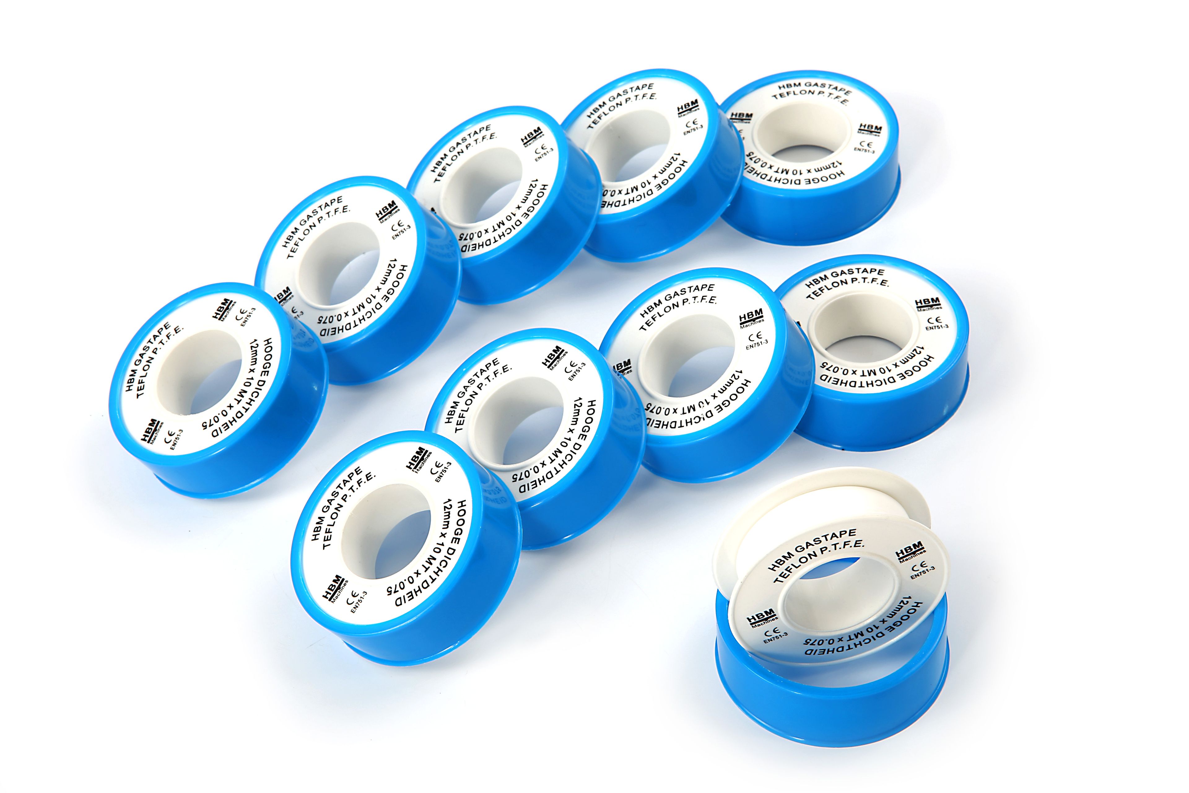 HBM Ruban Teflon spécial gaz 12 x 0,075 mm x 10 m x 0,35 gr lot de 10 pièces
