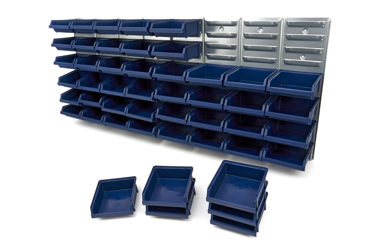Raaco 181204 Stapelboxen + Wandregal 48-teiliges Set , Sichtlagerkästen - Stahl - 1040 x 440 mm