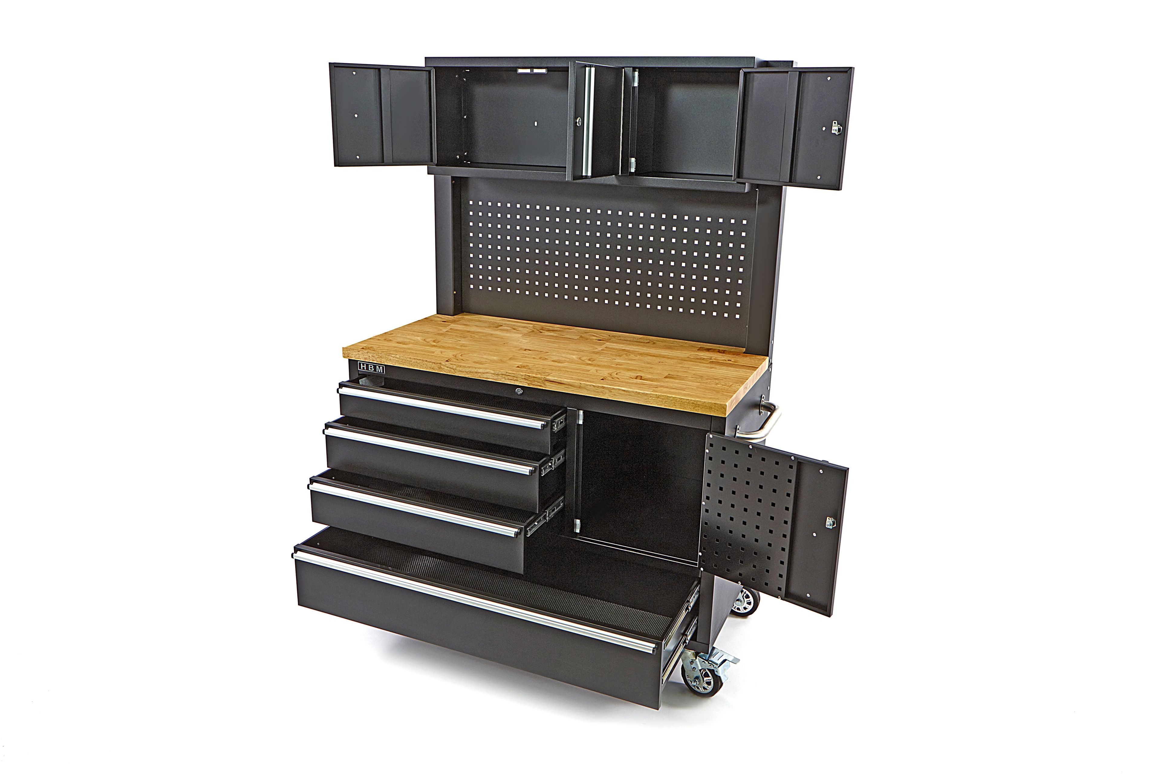 HBM werkbank 122 cm met 4 laden, kastenwand en achterwand, houten werkblad, zwart Image 5