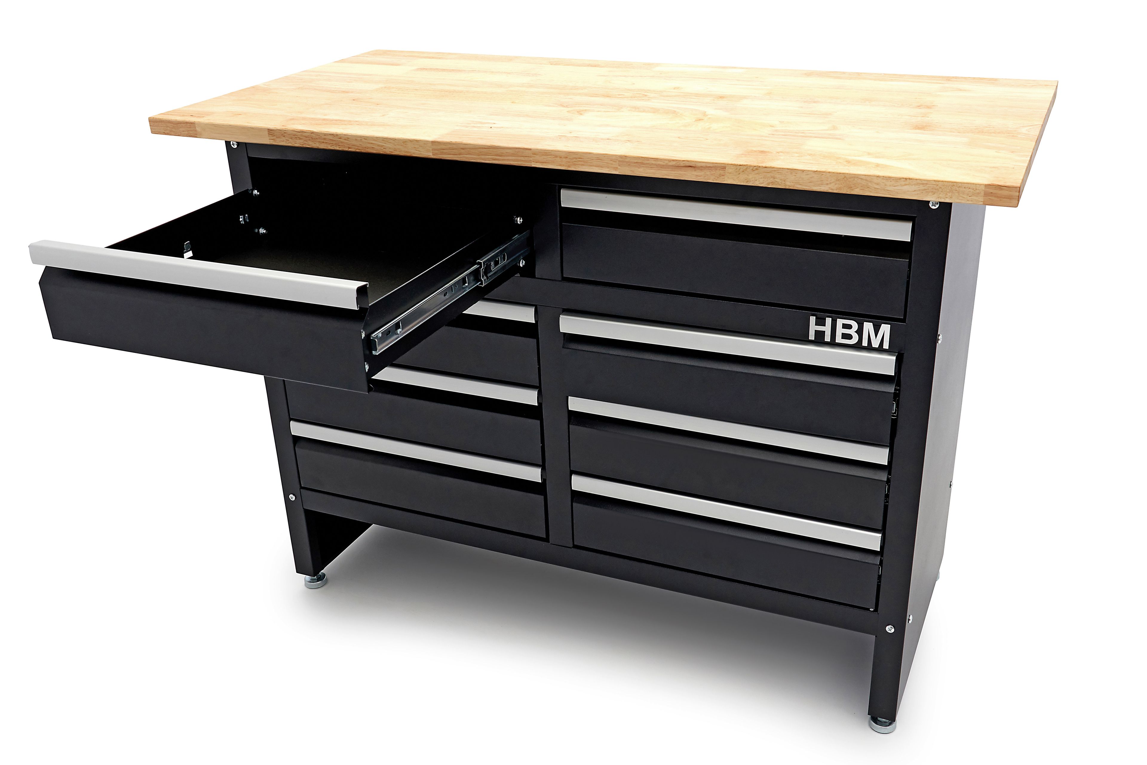 HBM werkbank 120 cm met 8 laden, massief houten werkblad, zwart Image 7