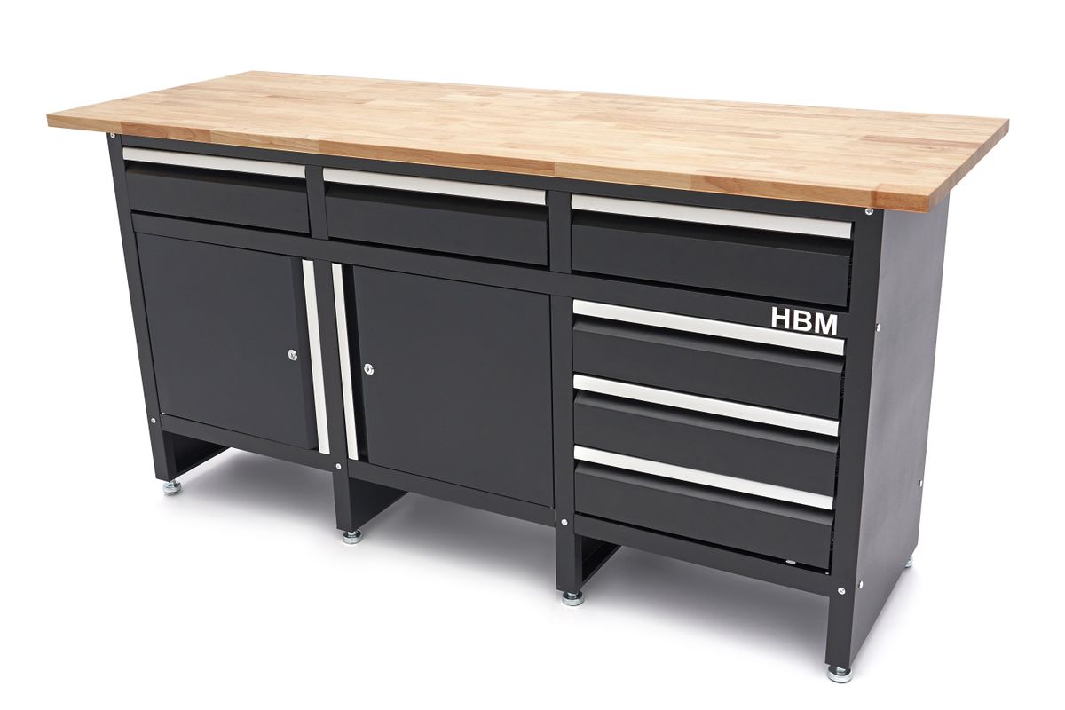 HBM banco de trabajo 171 cm con 6 cajones y 2 puertas, encimera de madera maciza, negro