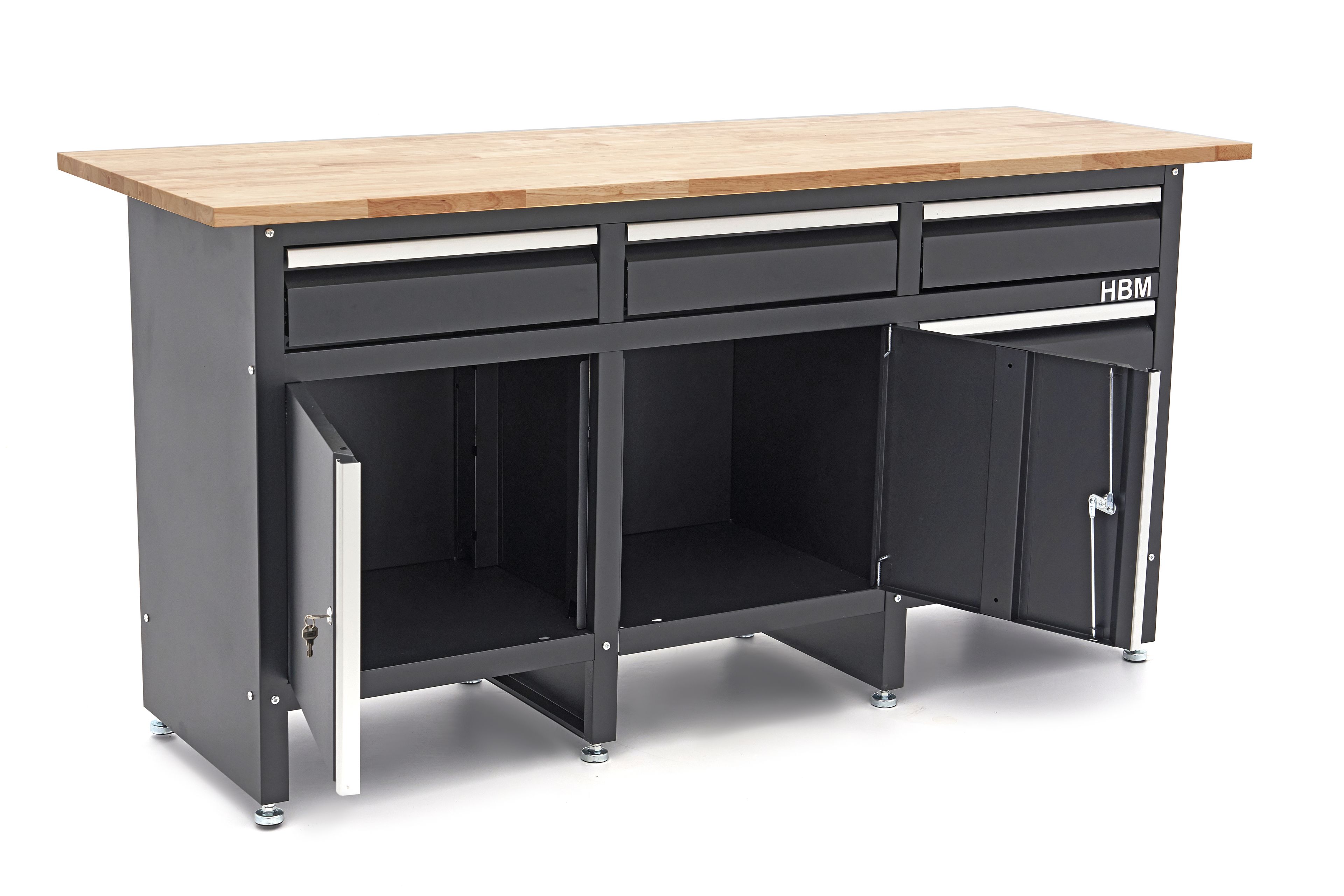 HBM Werkbank 171 cm mit 6 Schubladen und 2 Türen, massive Holzarbeitsplatte, schwarz Image 4