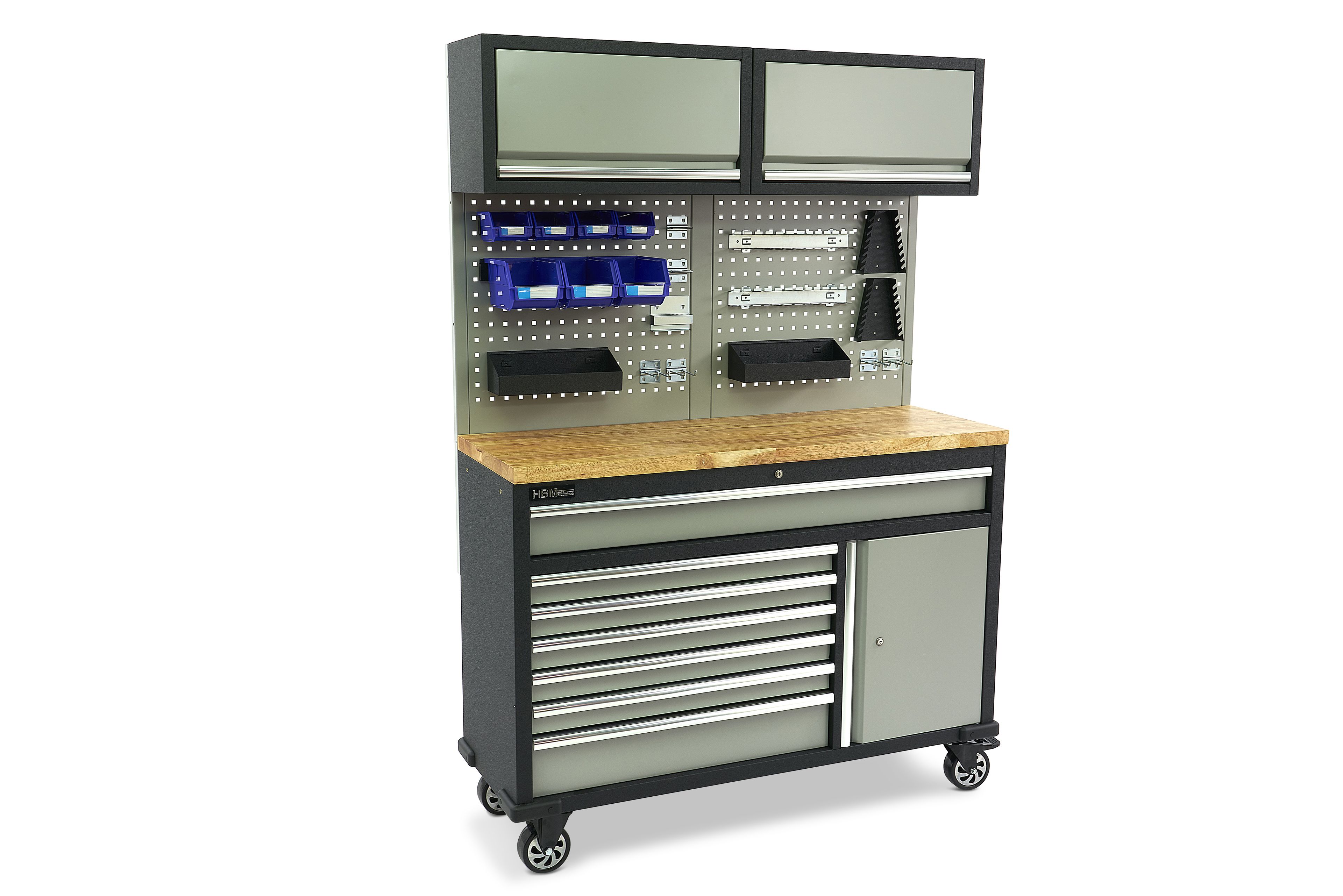 HBM werkbank 136 cm verrijdbaar met 7 laden, deur en kastenwand, inclusief accessoires, grijs Image 2