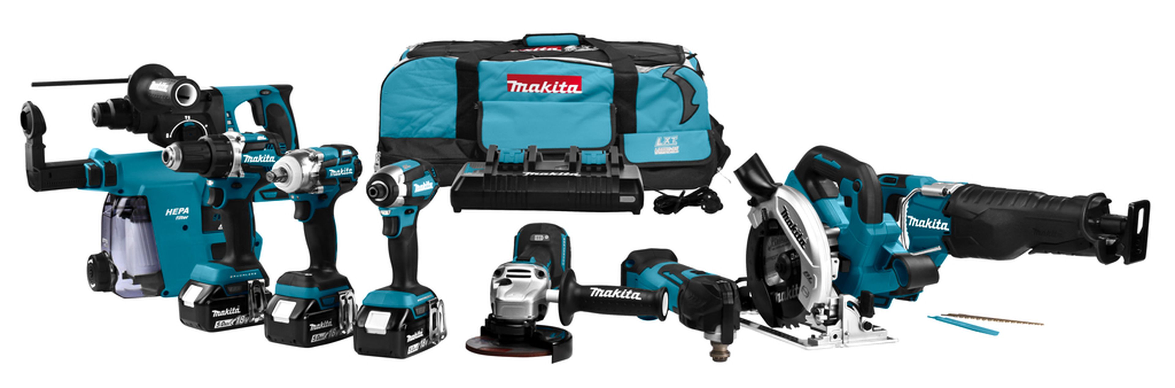 Makita 18 Volt Kombi-Set zum (Schlag-)Schrauben, (Schlag-)Bohren, Schleifen, Sägen und Montieren, mit Multitool