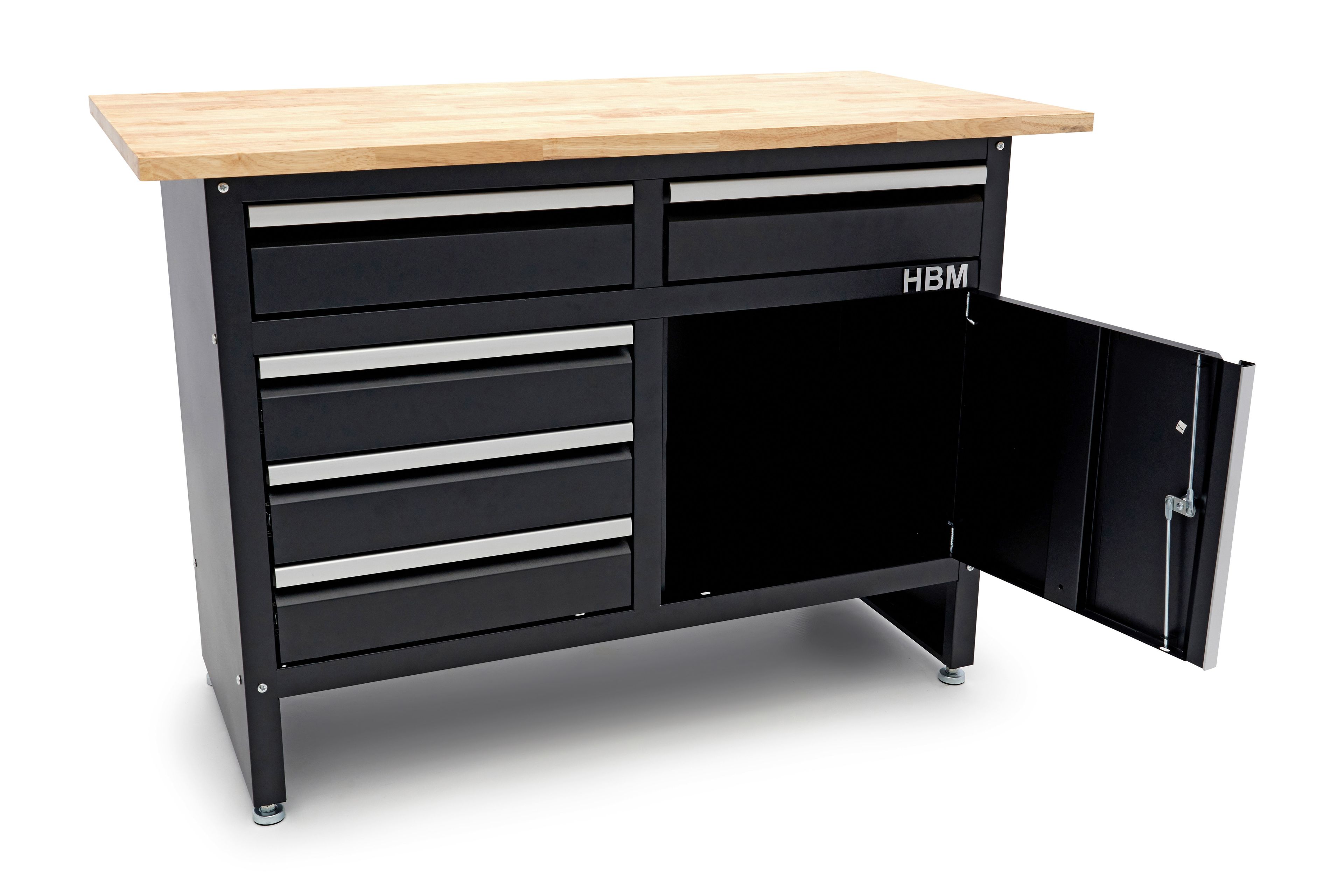 HBM banco da lavoro 120 cm con 5 cassetti e anta, piano di lavoro in legno massello, nero Image 5