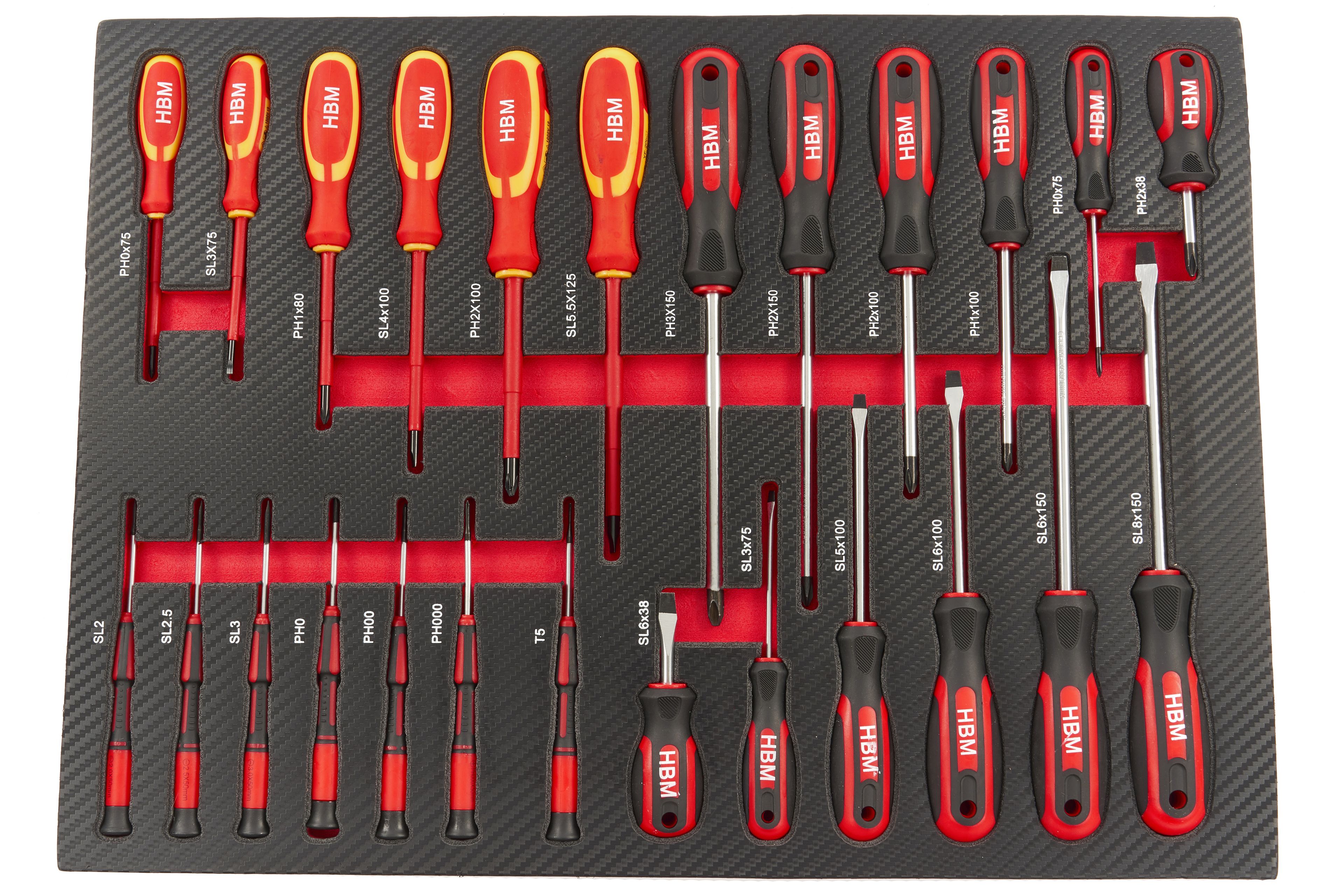 HBM set de destornilladores de 25 piezas en inlay de espuma de carbono para carro de herramientas