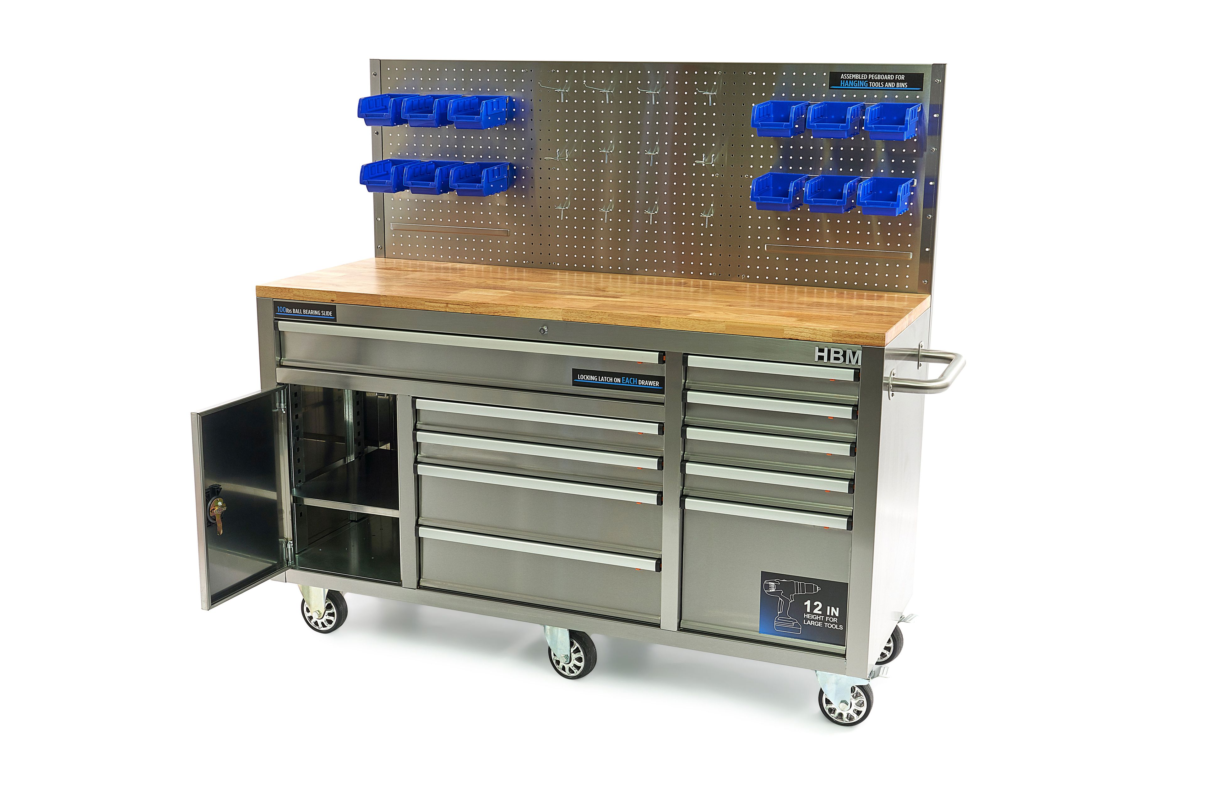 HBM werkbank 158 cm met 10 laden, deur en achterwand, RVS Image 5