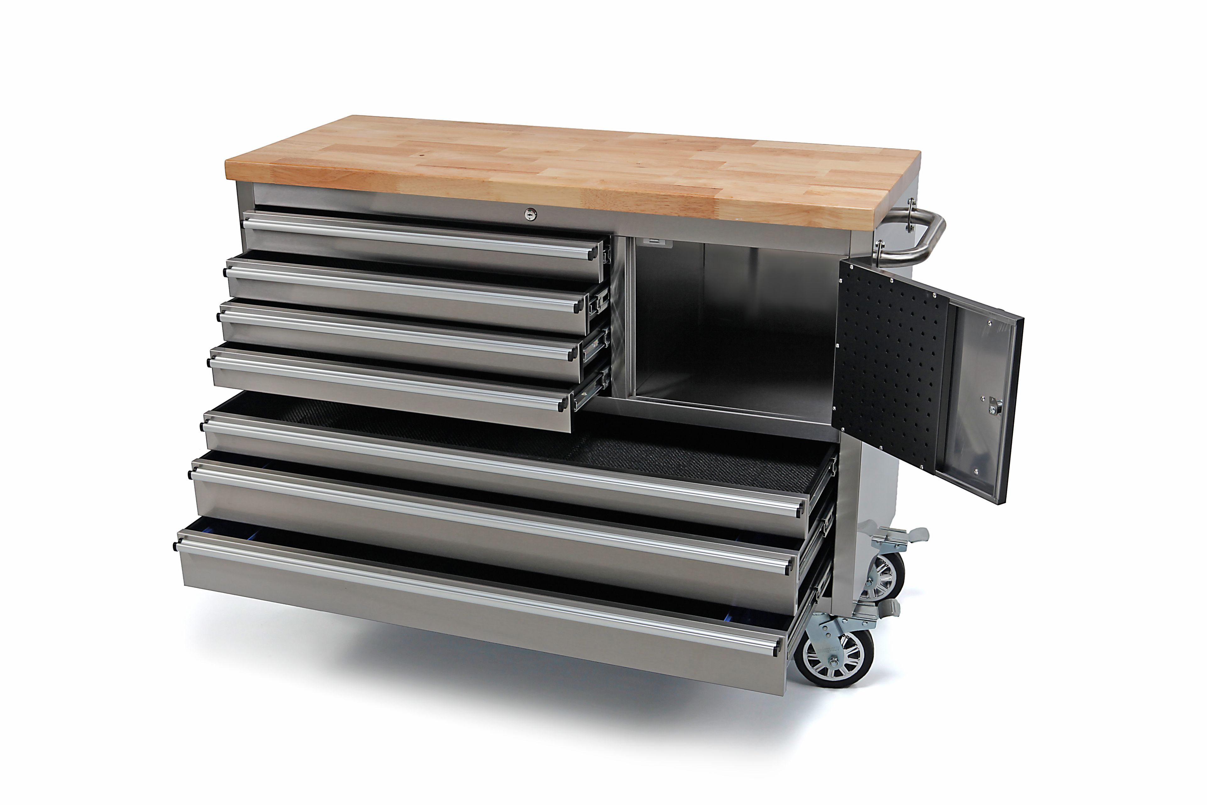 HBM carro de herramientas con encimera de madera, 122 cm, acero inoxidable Image 3