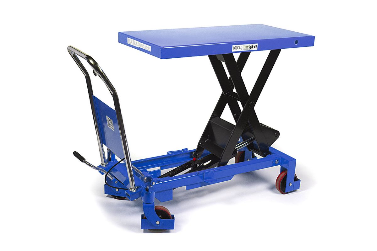 HBM Mesa de trabajo móvil / mesa elevadora 1000 kg azul