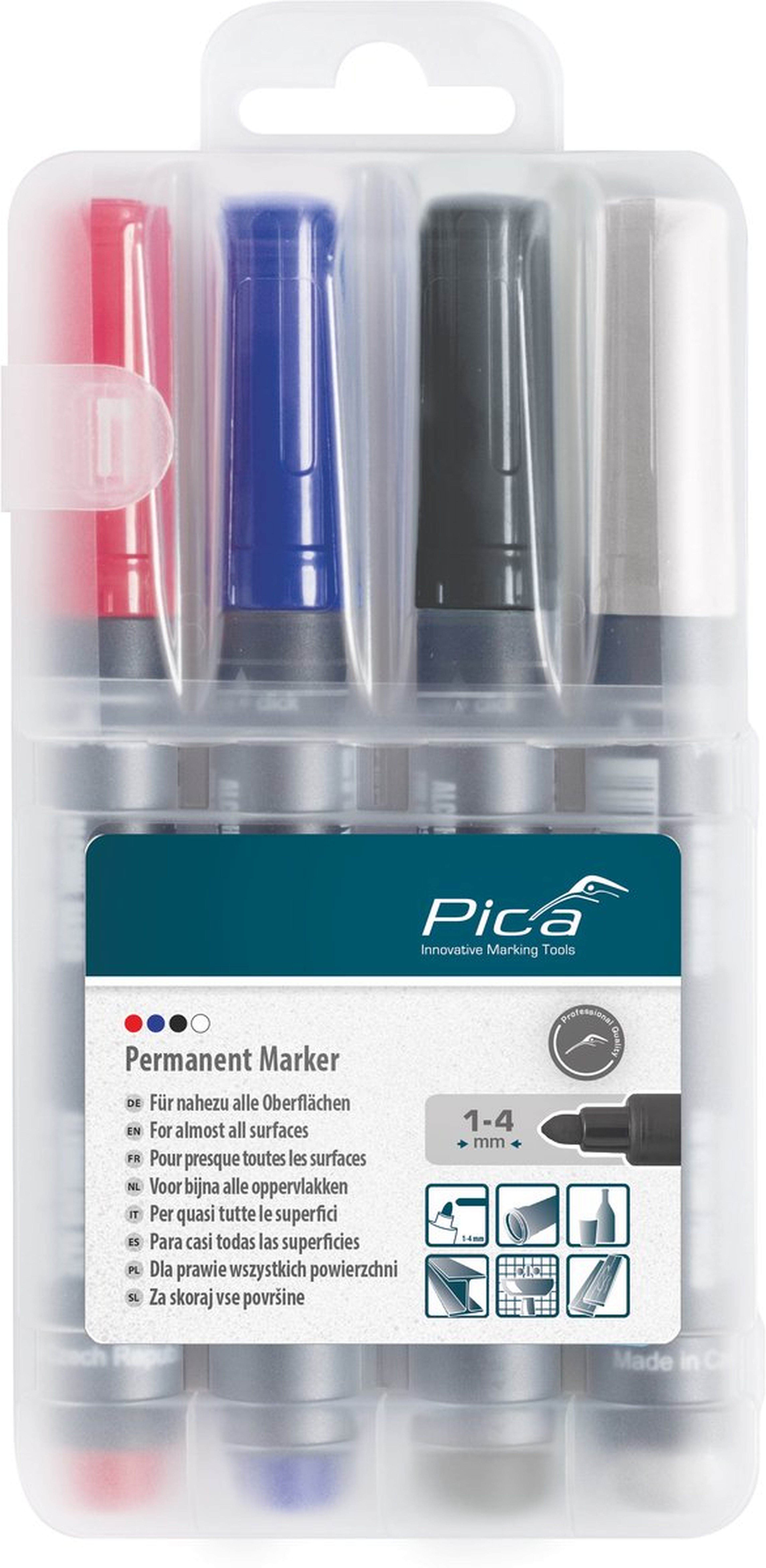 Pica permanent marker met ronde punt, 4 stuks