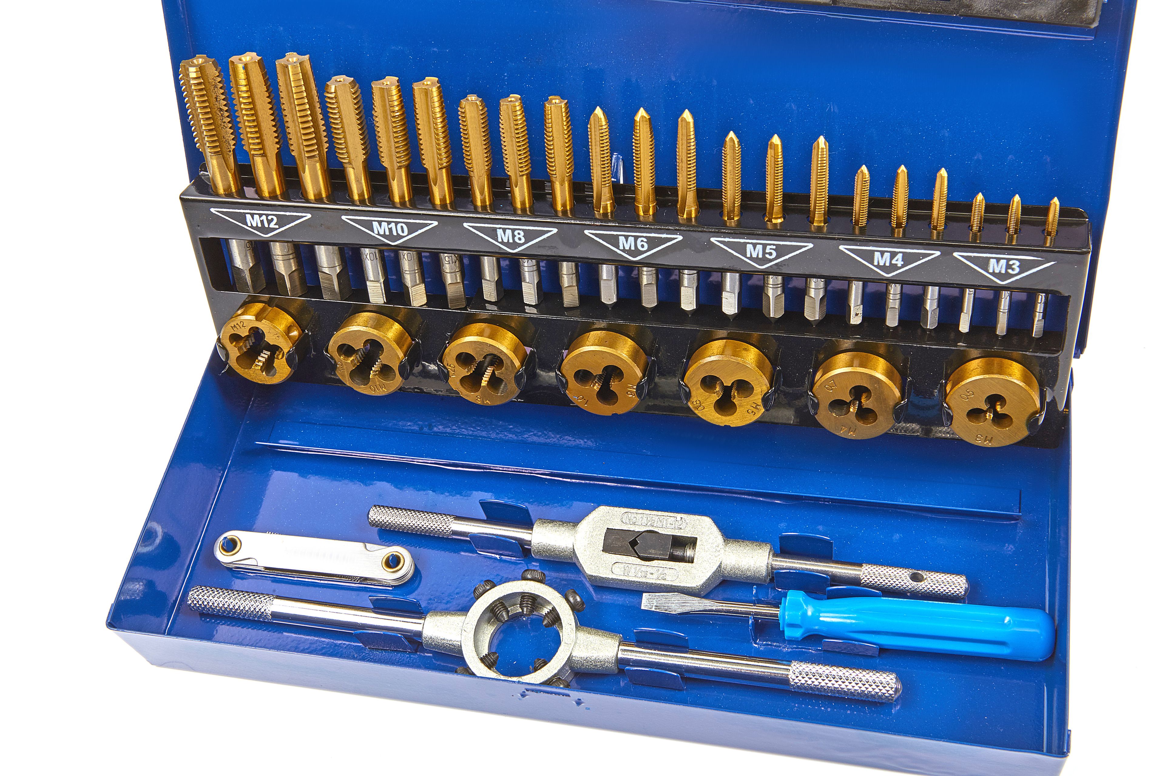 HBM Set da 32 pezzi di maschi e filiere M3-12 con rivestimento TIN Image 2