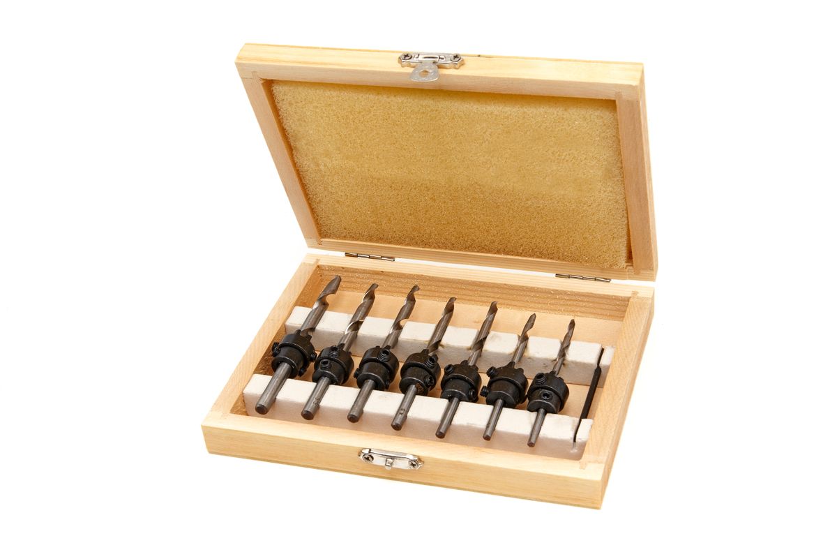 Juego de brocas de madera HBM de 8 piezas, conjunto de brocas de avellanado modelo 2