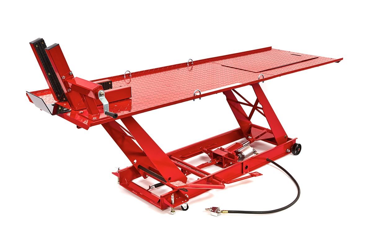 HBM Motorradhebebühne 220 x 67 cm, 450 kg, hydraulisch, pneumatisch, rot