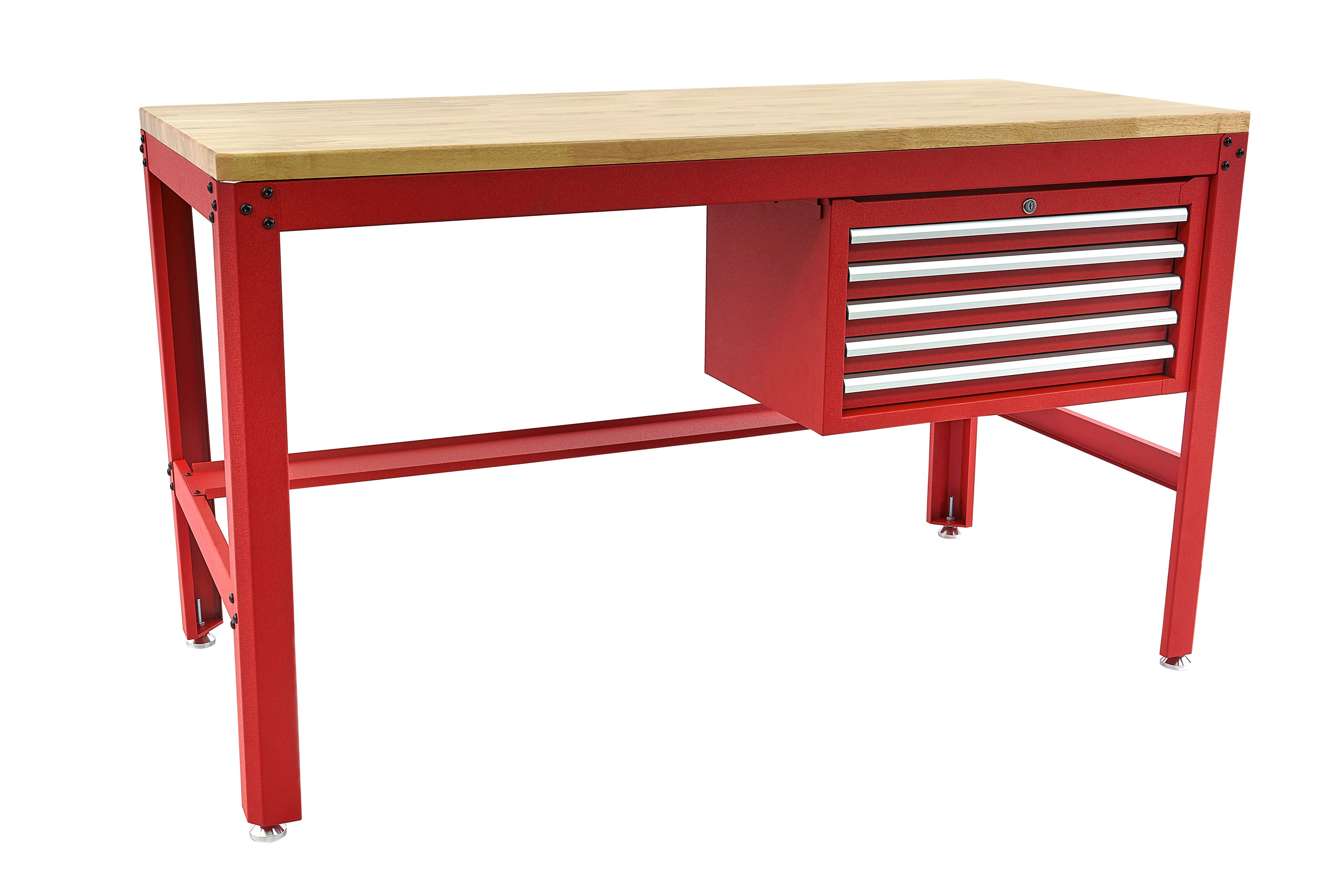 HBM établi 155 cm avec 5 tiroirs, plan de travail en bois, rouge Image 6