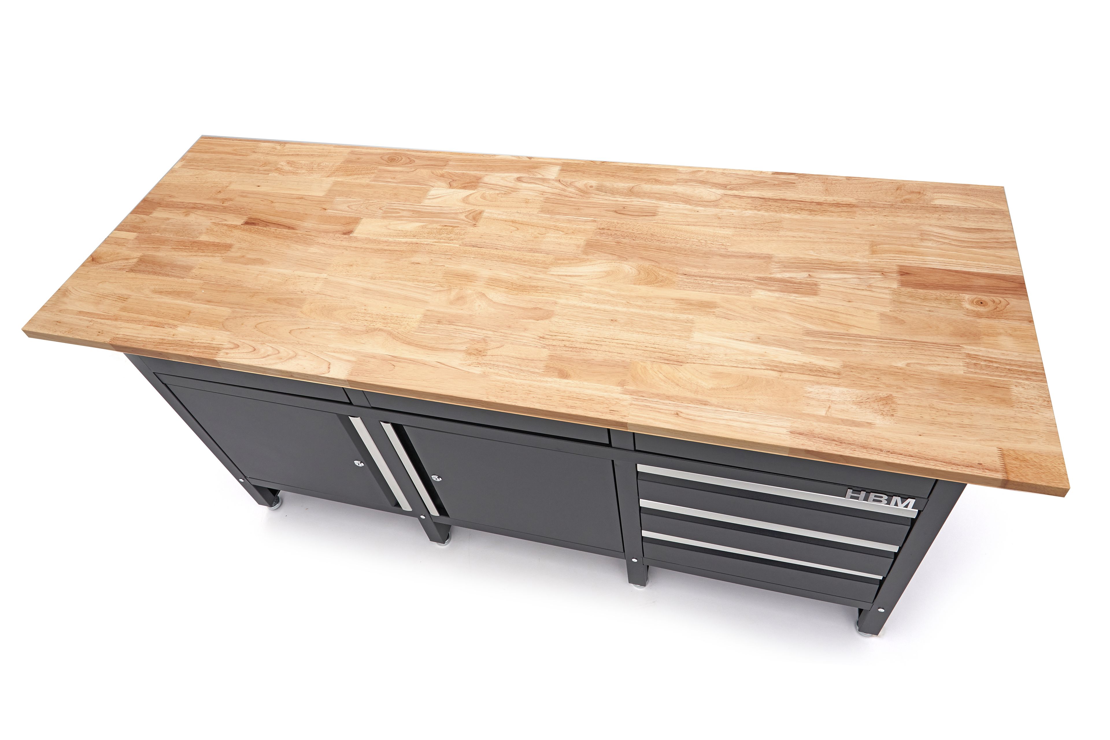 HBM Werkbank 171 cm mit 6 Schubladen und 2 Türen, massive Holzarbeitsplatte, schwarz Image 11