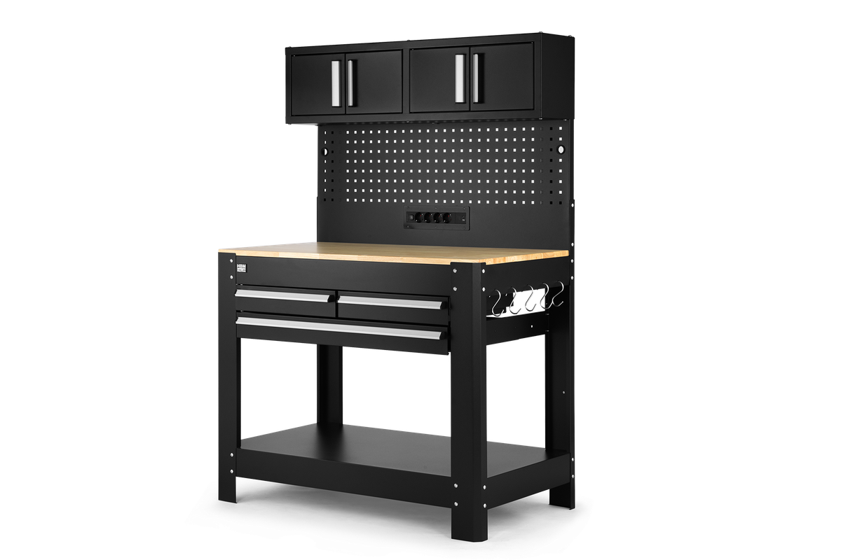 HBM Werkbank 114 cm mit 3 Schubladen, Schrankwand und Rückwand, schwarz