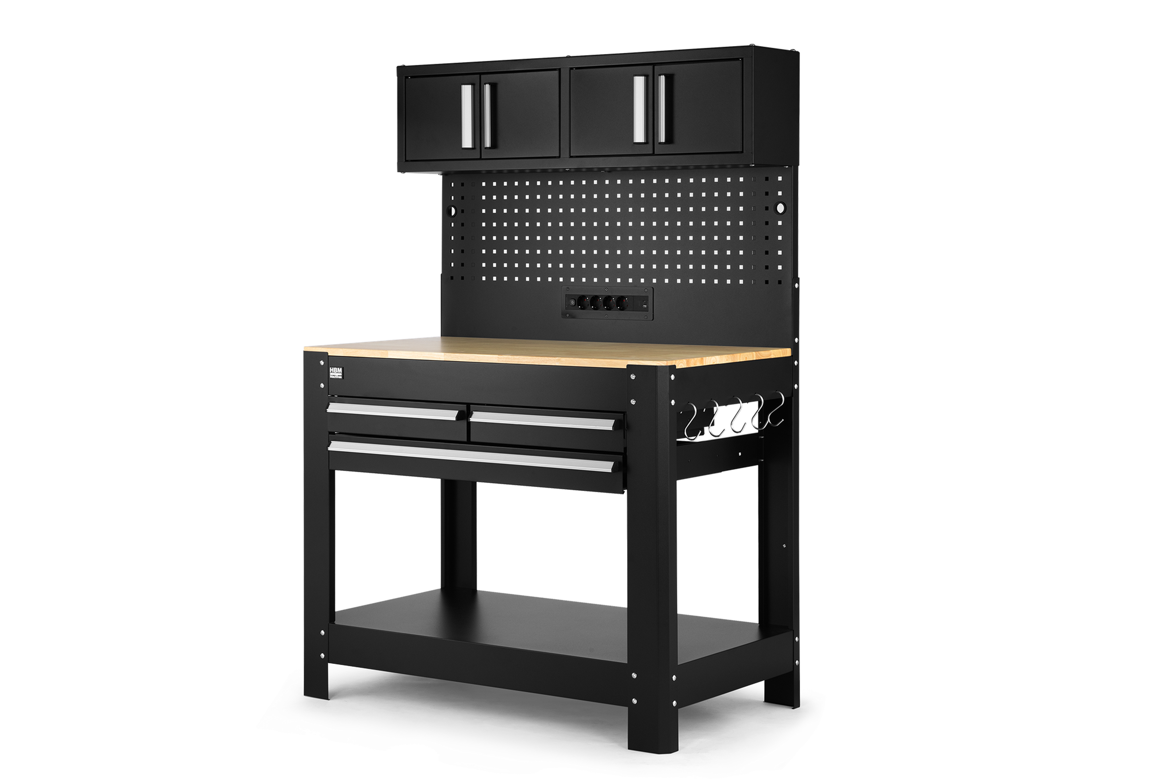 HBM werkbank 114 cm met 3 laden, kastenwand en achterwand, zwart