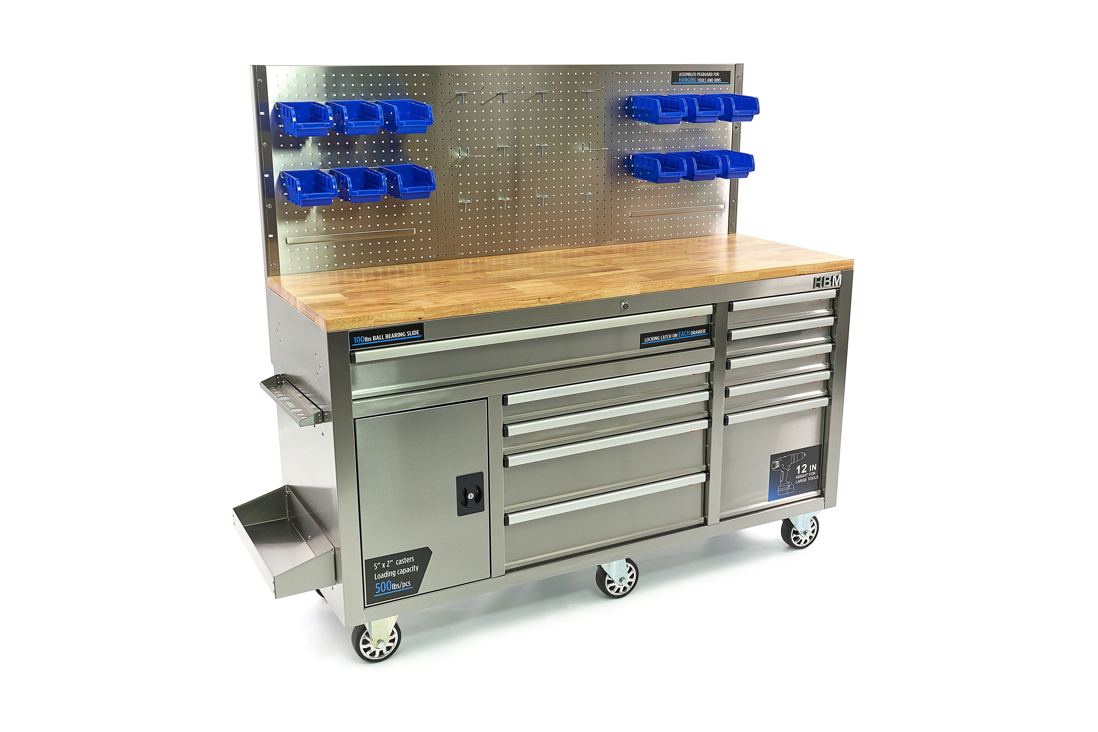 HBM werkbank 158 cm met 10 laden, deur en achterwand, RVS Image 9
