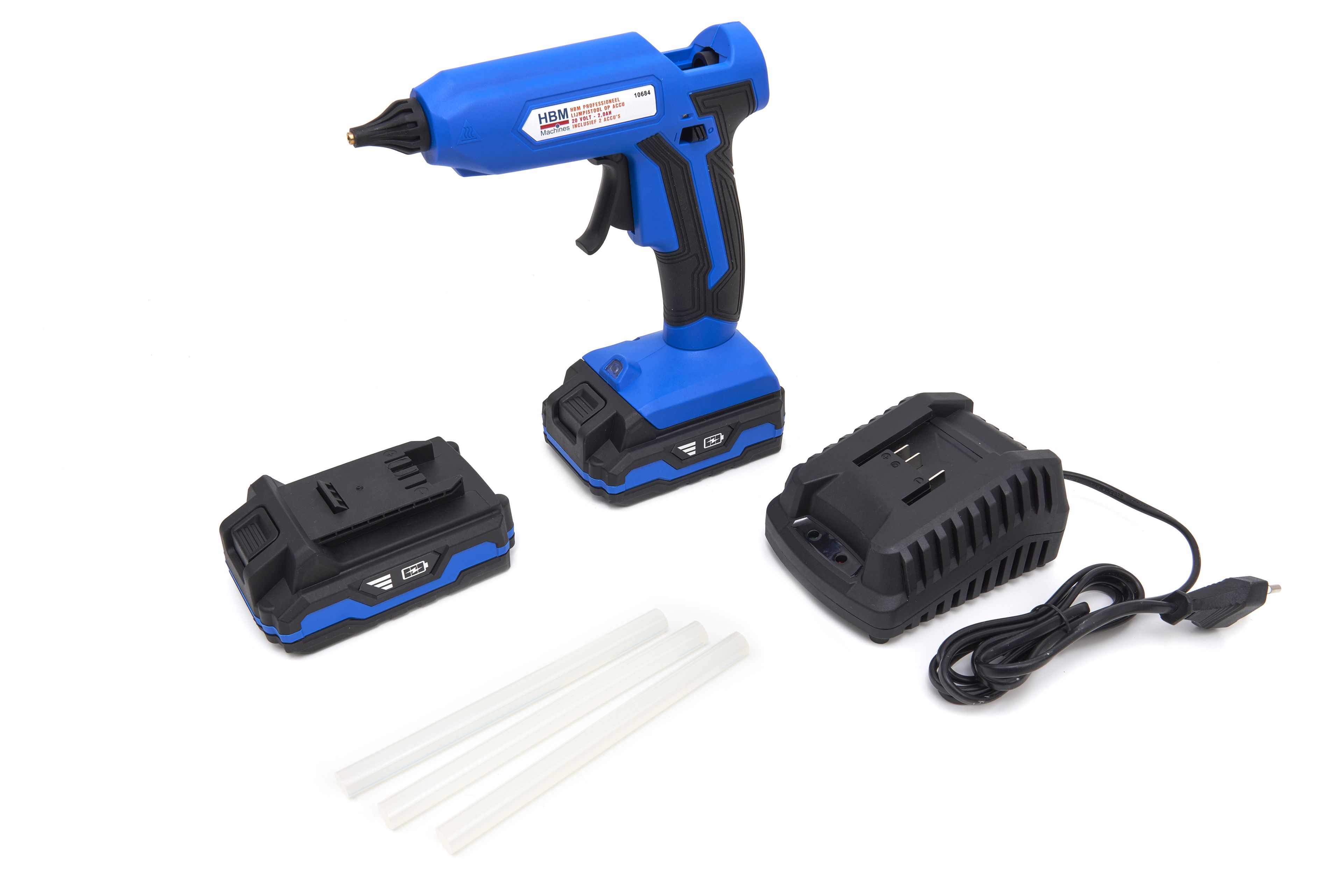 HBM Pistola de pegamento profesional a batería 20 Volt - 2,0AH incluyendo 2 baterías