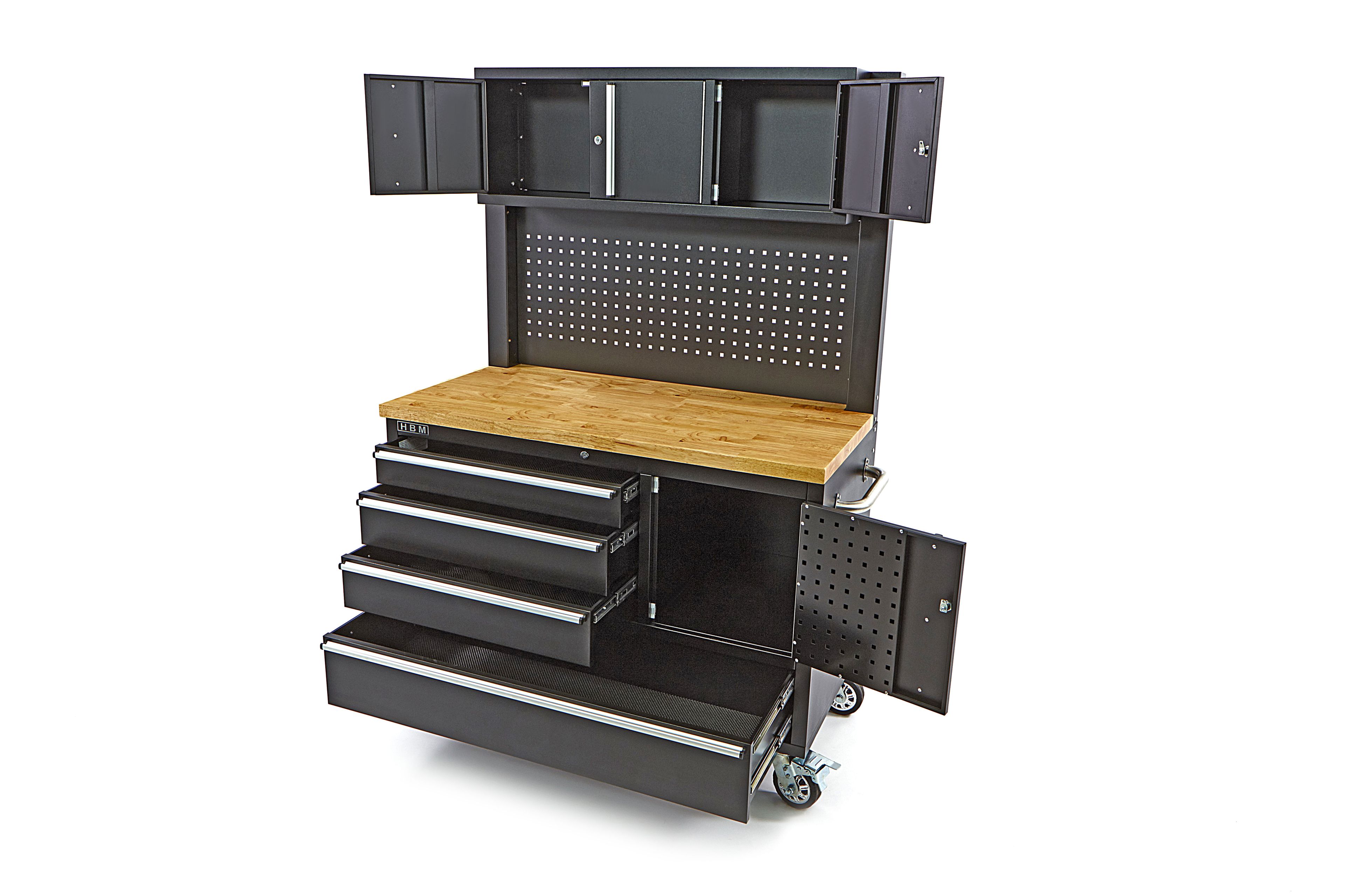 HBM werkbank 122 cm met 4 laden, kastenwand en achterwand, houten werkblad, zwart Image 6