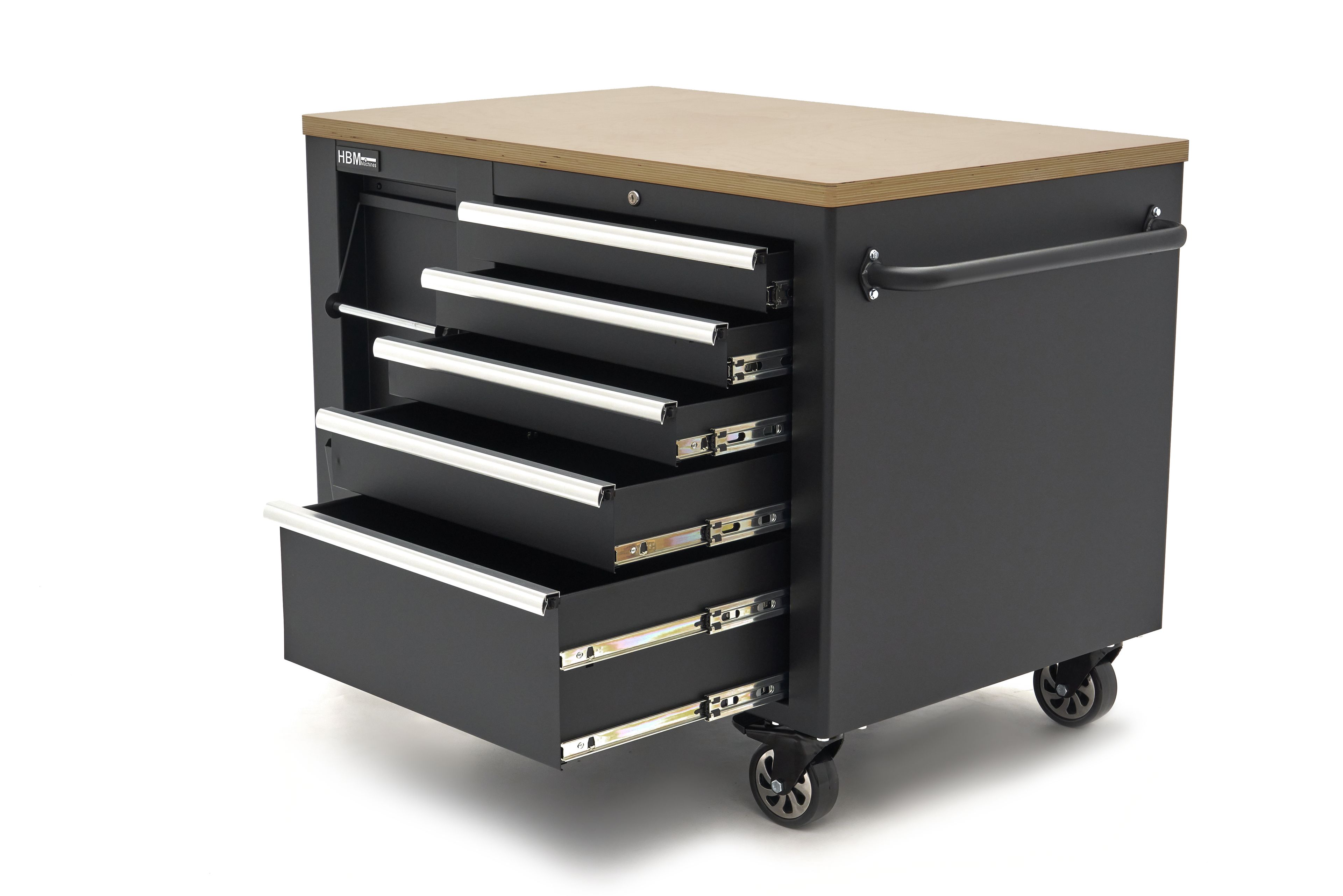 HBM verrijdbare gereedschapswagen, werkbank 114 cm met houten werkblad, zwart Image 12