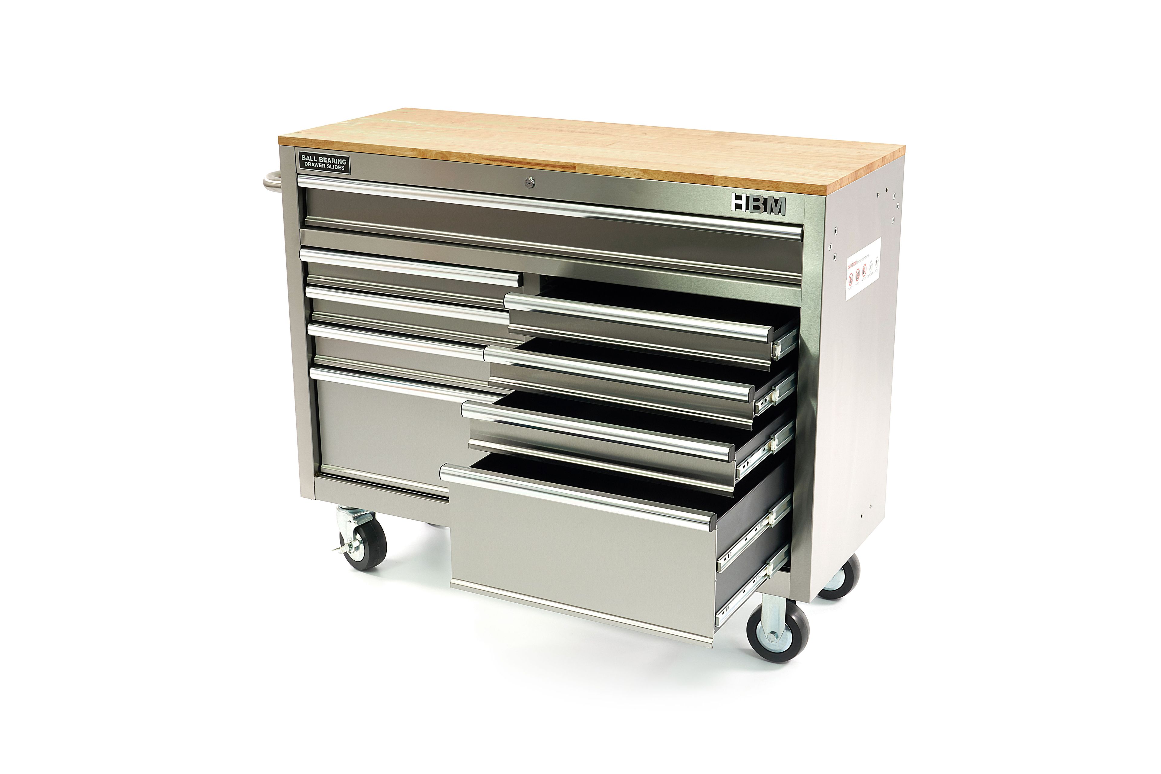 HBM fahrbarer Werkzeugwagen mit Holzarbeitsplatte, 117 cm, Edelstahl Image 5