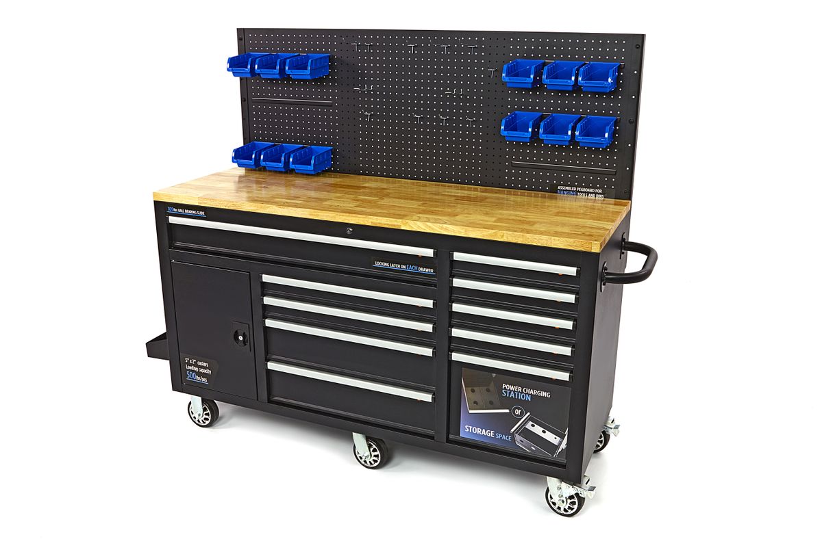 HBM banco de trabajo 158 cm con 10 cajones, puerta y panel trasero, negro