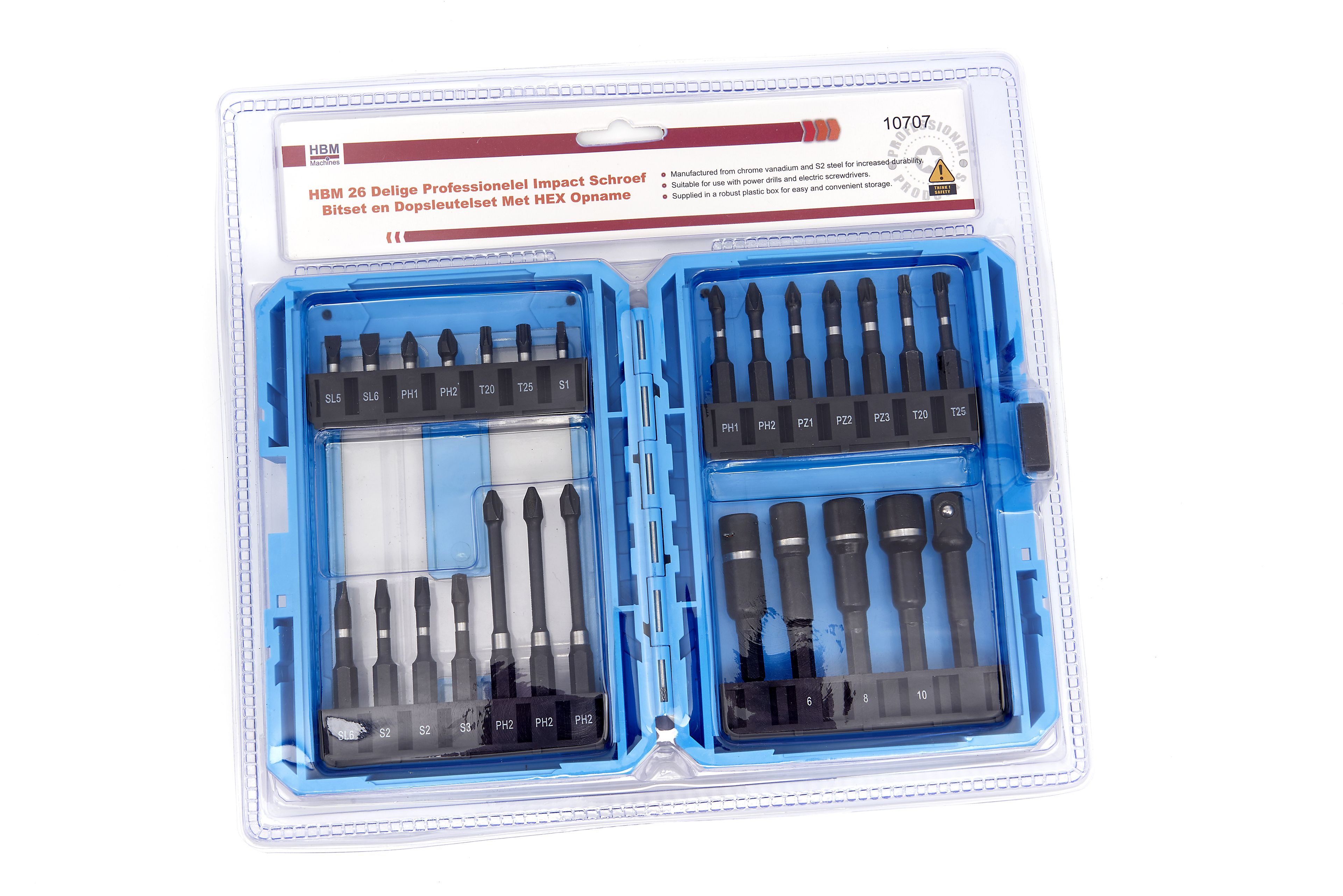 Set di bit per avvitatore professionale HBM da 26 pezzi e set di chiavi a bussole con attacco HEX Image 5