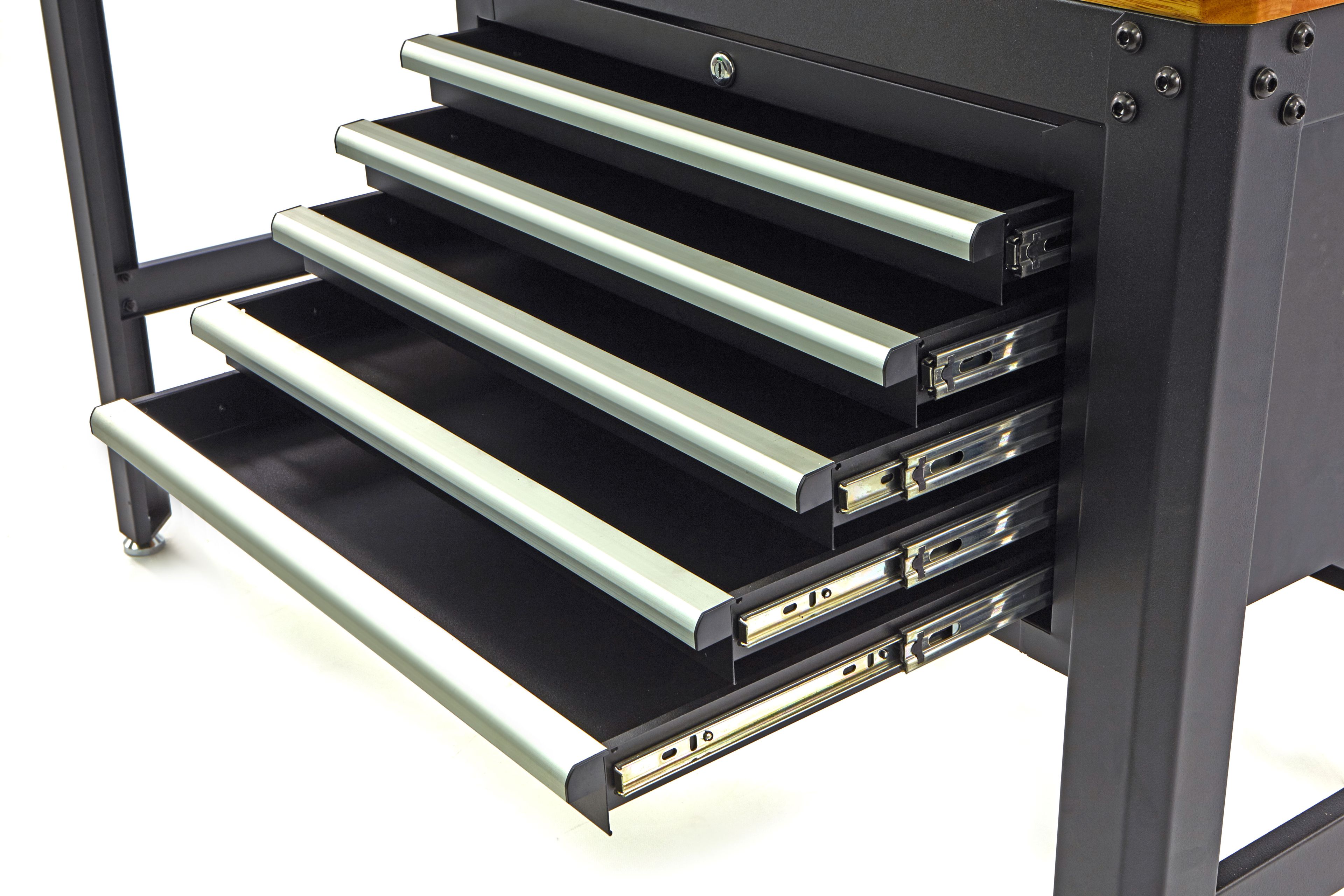 HBM werkbank 155 cm met 5 laden, houten werkblad, zwart Image 4