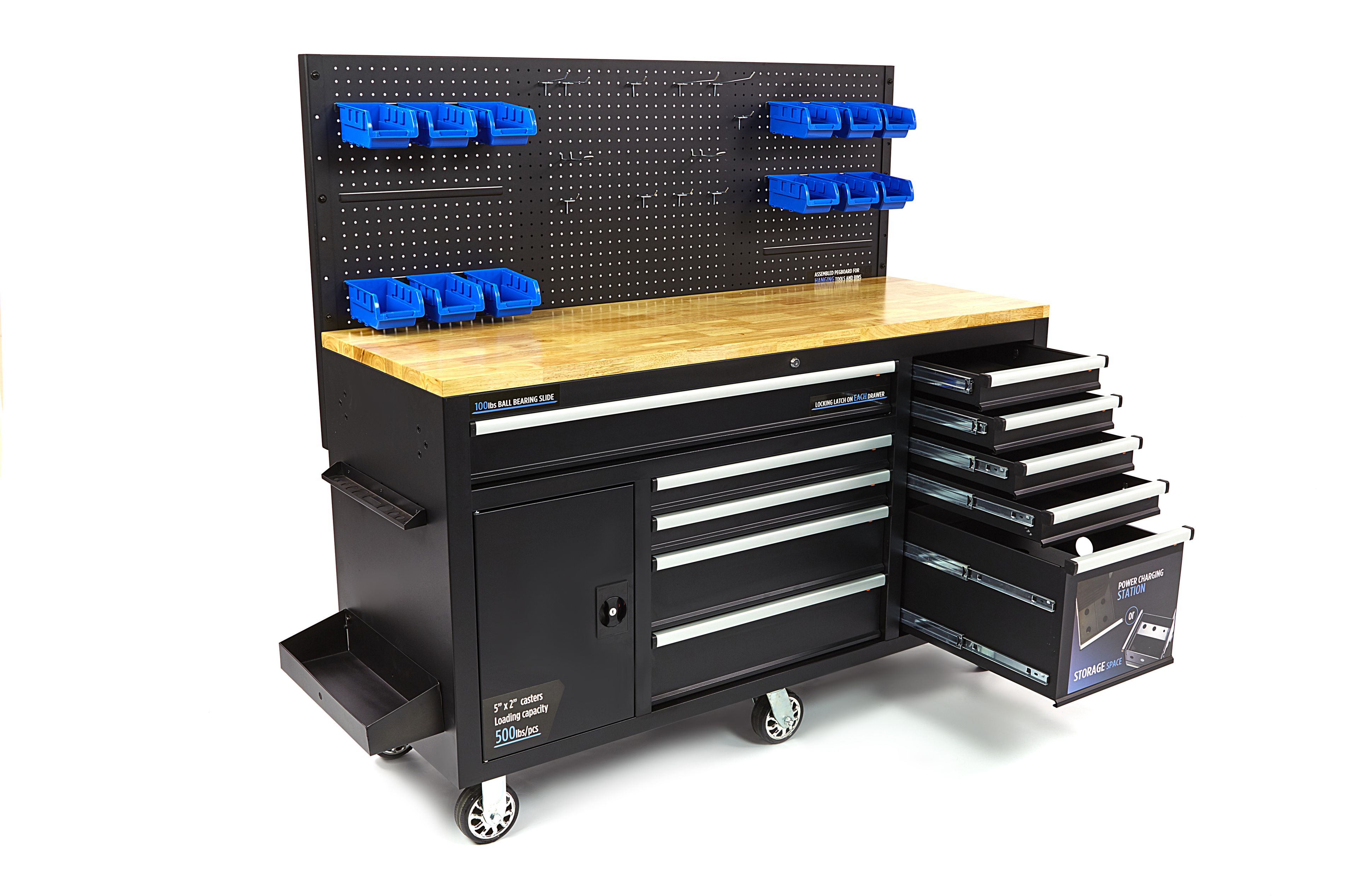 HBM werkbank 158 cm met 10 laden, deur en achterwand, zwart Image 3