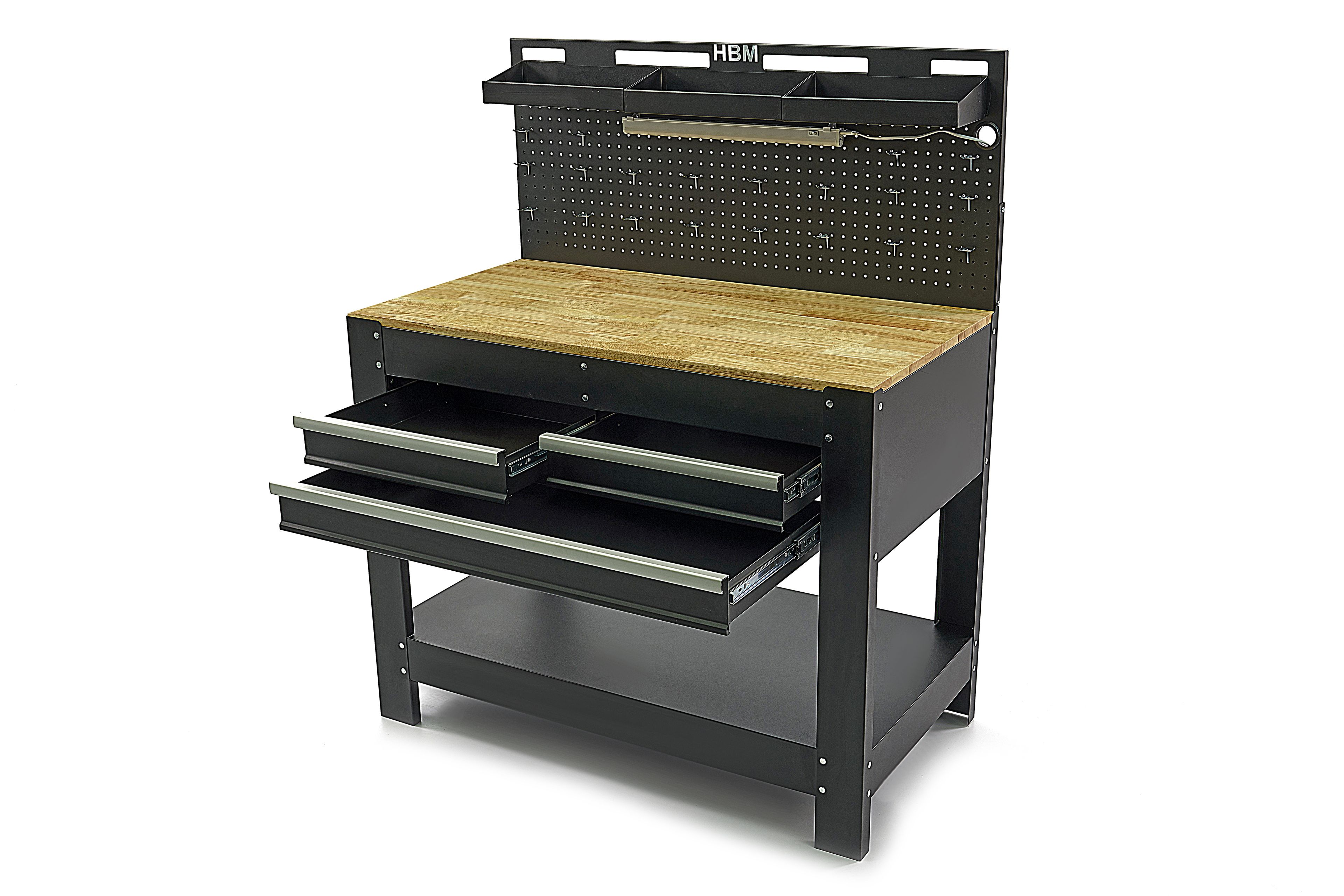 HBM werkbank 115 cm met 3 laden, houten werkblad en achterwand, zwart Image 2