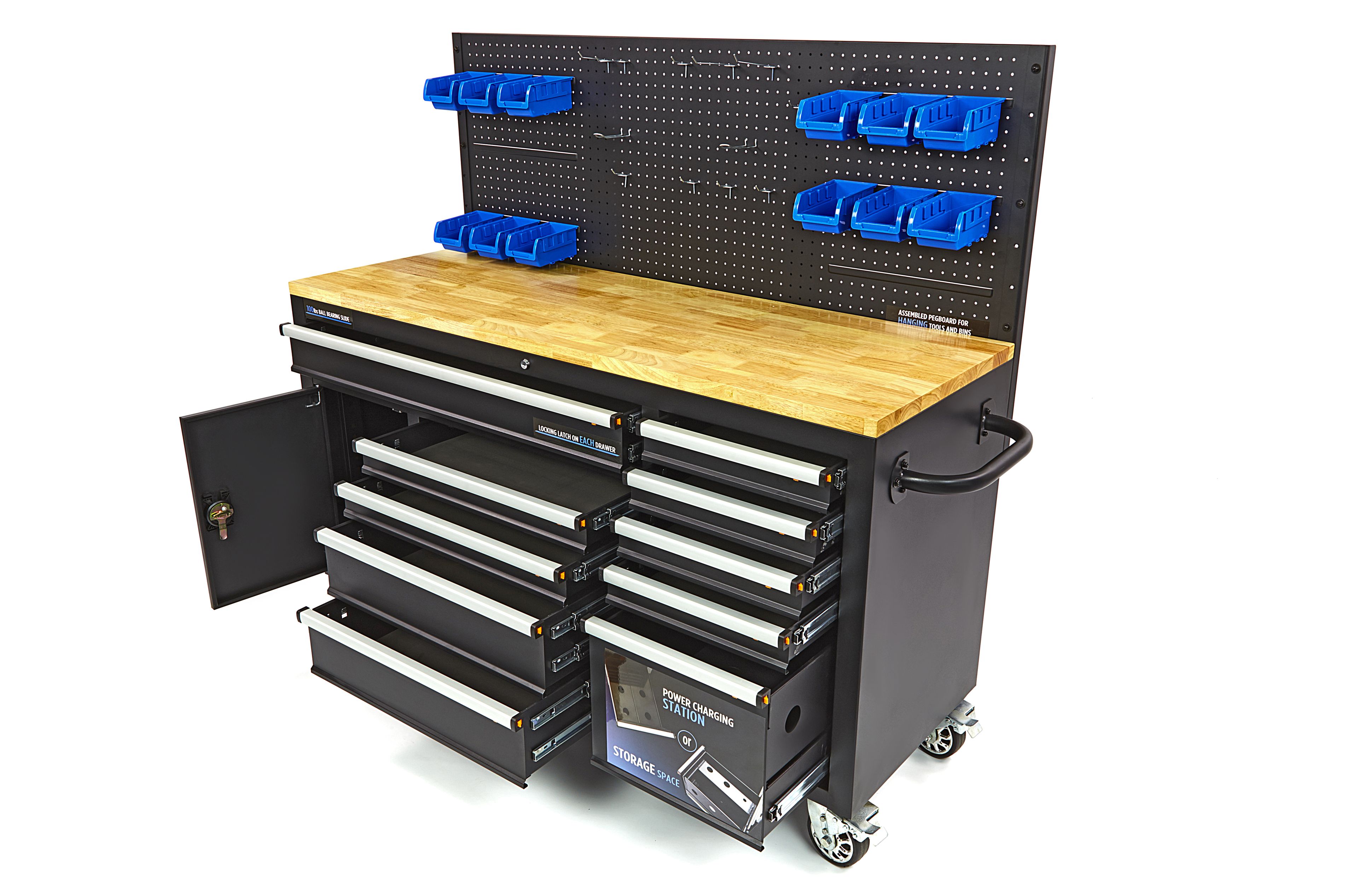 HBM werkbank 158 cm met 10 laden, deur en achterwand, zwart Image 2