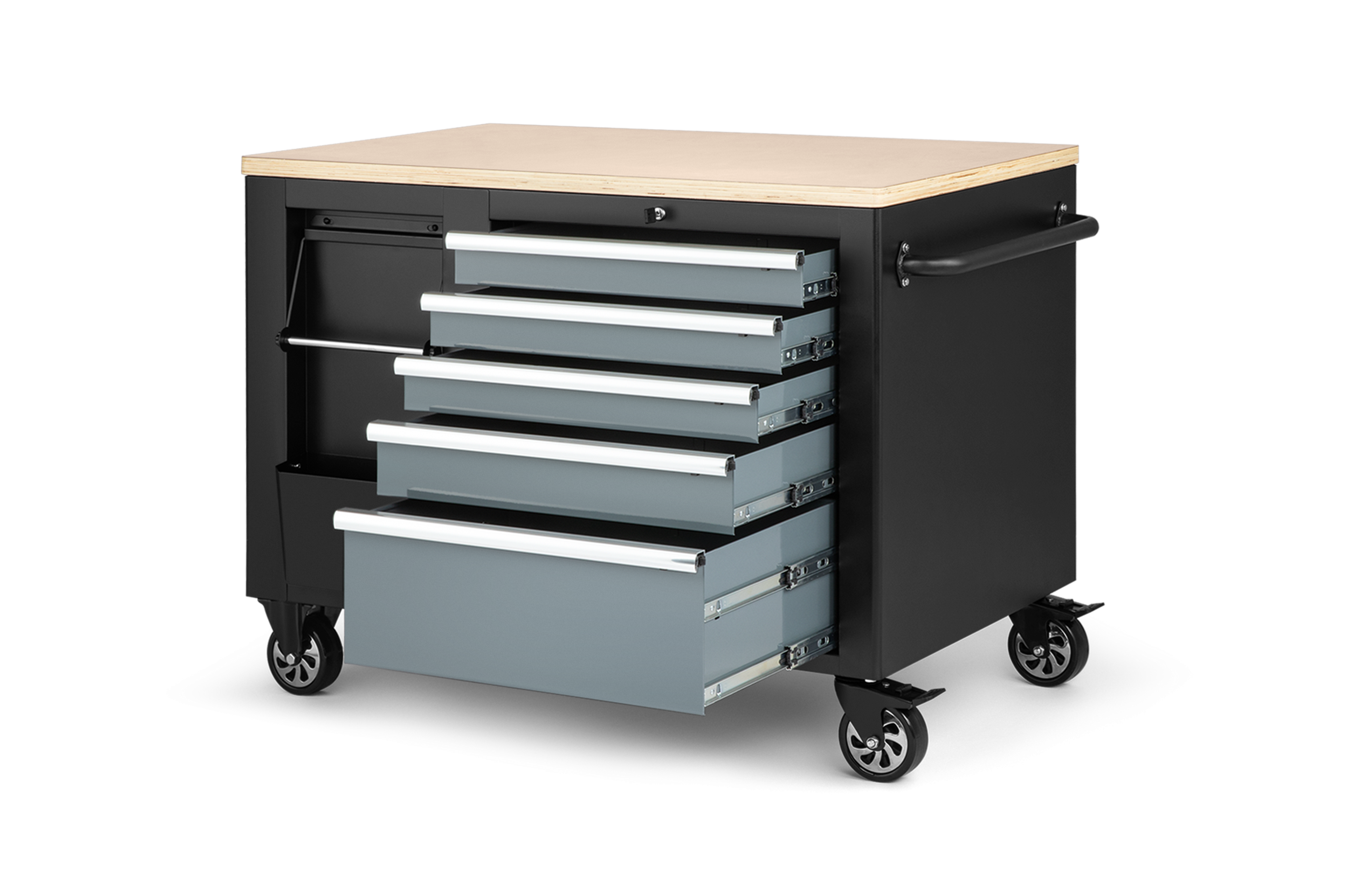 Carro de herramientas móvil HBM, banco de trabajo de 114 cm con tablero de trabajo de madera, negro/gris Image 7