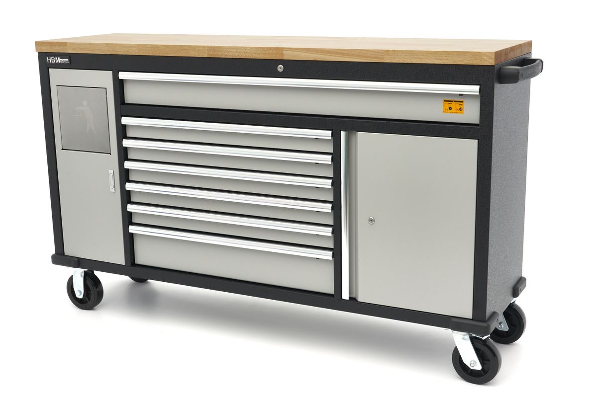 HBM 168 cm. Carro de herramientas móvil profesional, banco de trabajo con encimera de madera maciza