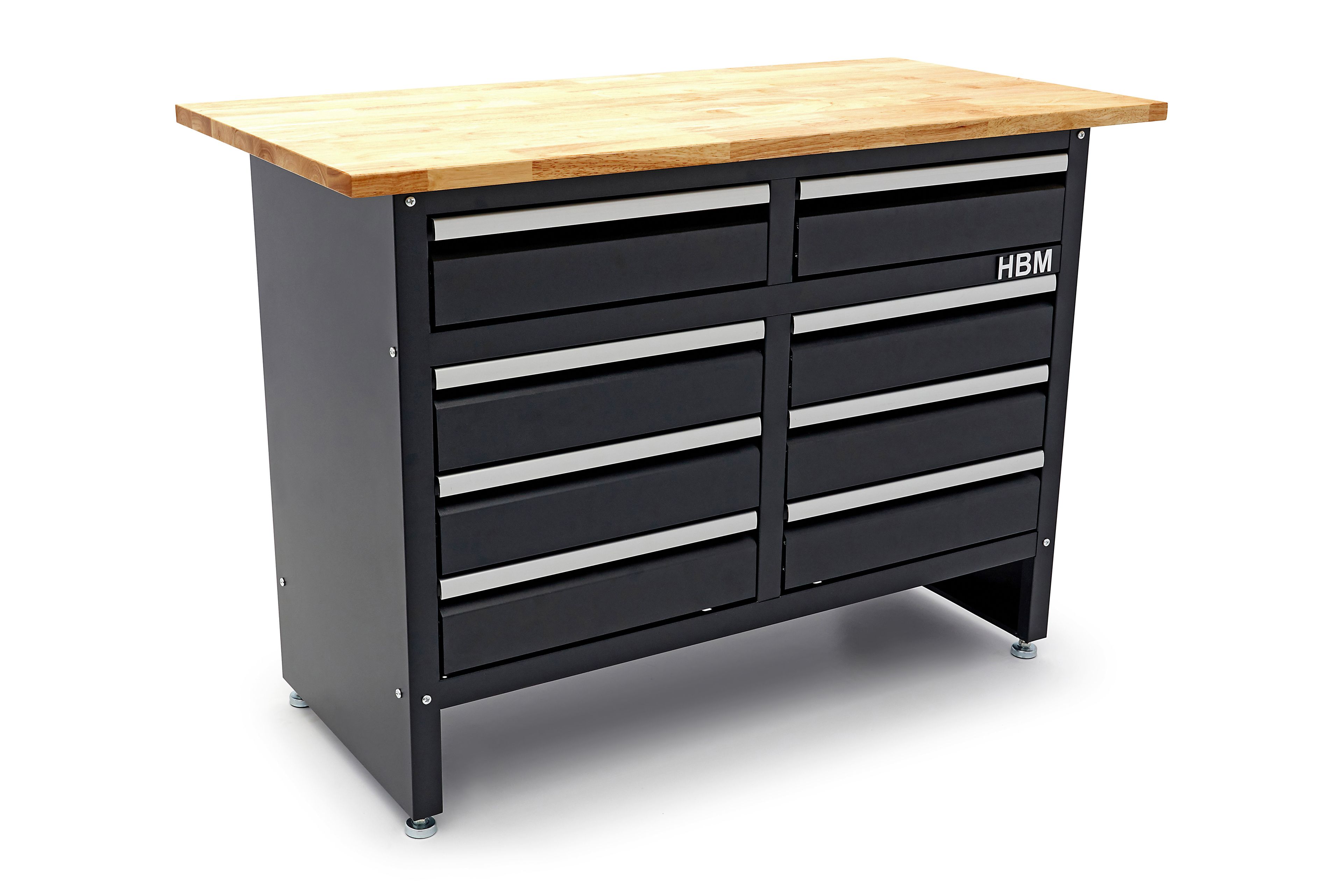 HBM werkbank 120 cm met 8 laden, massief houten werkblad, zwart Image 3