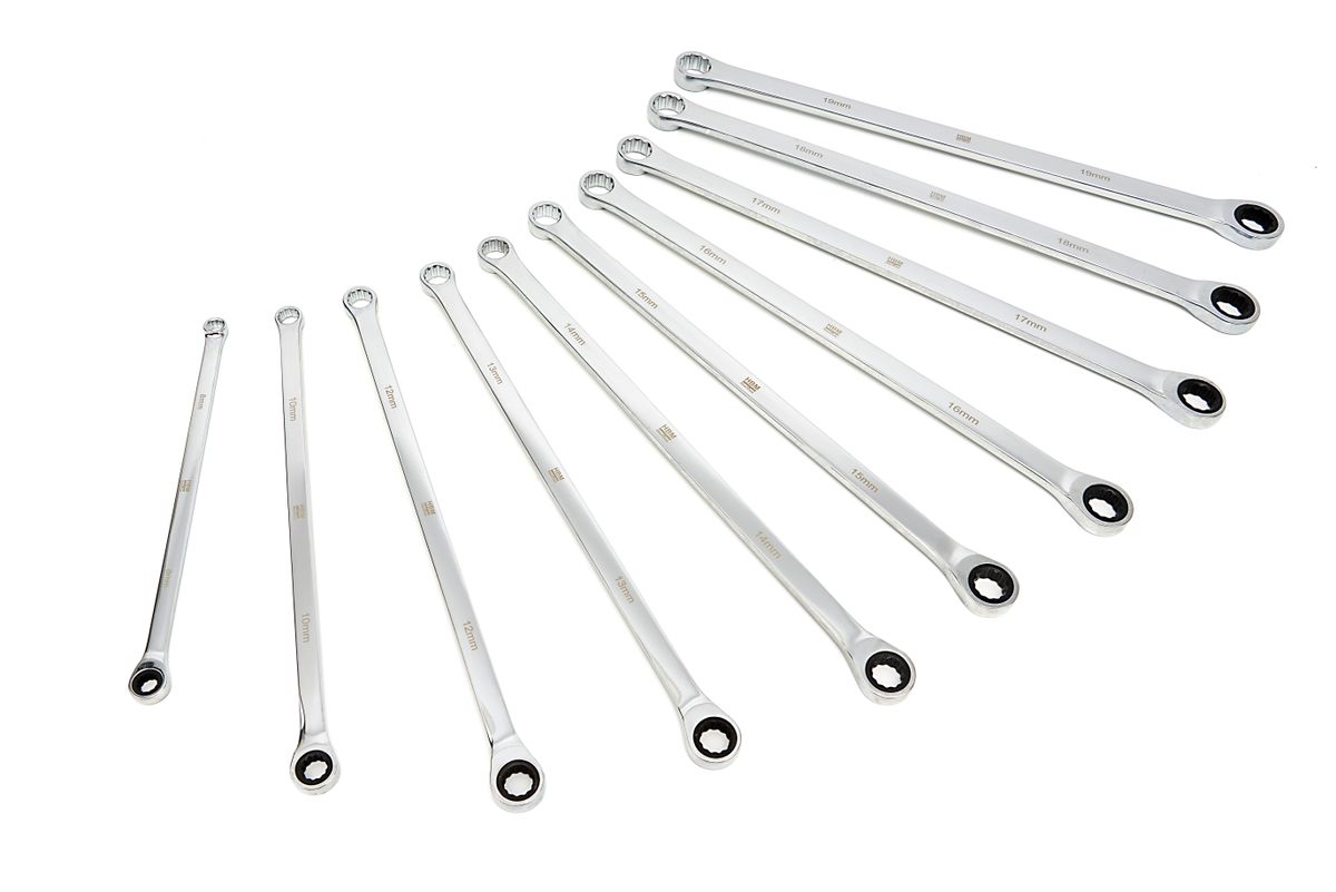 Set de llaves de anillo extra largas HBM de 10 piezas profesionales con cabeza fija y función de trinquete de 8 - 19 mm