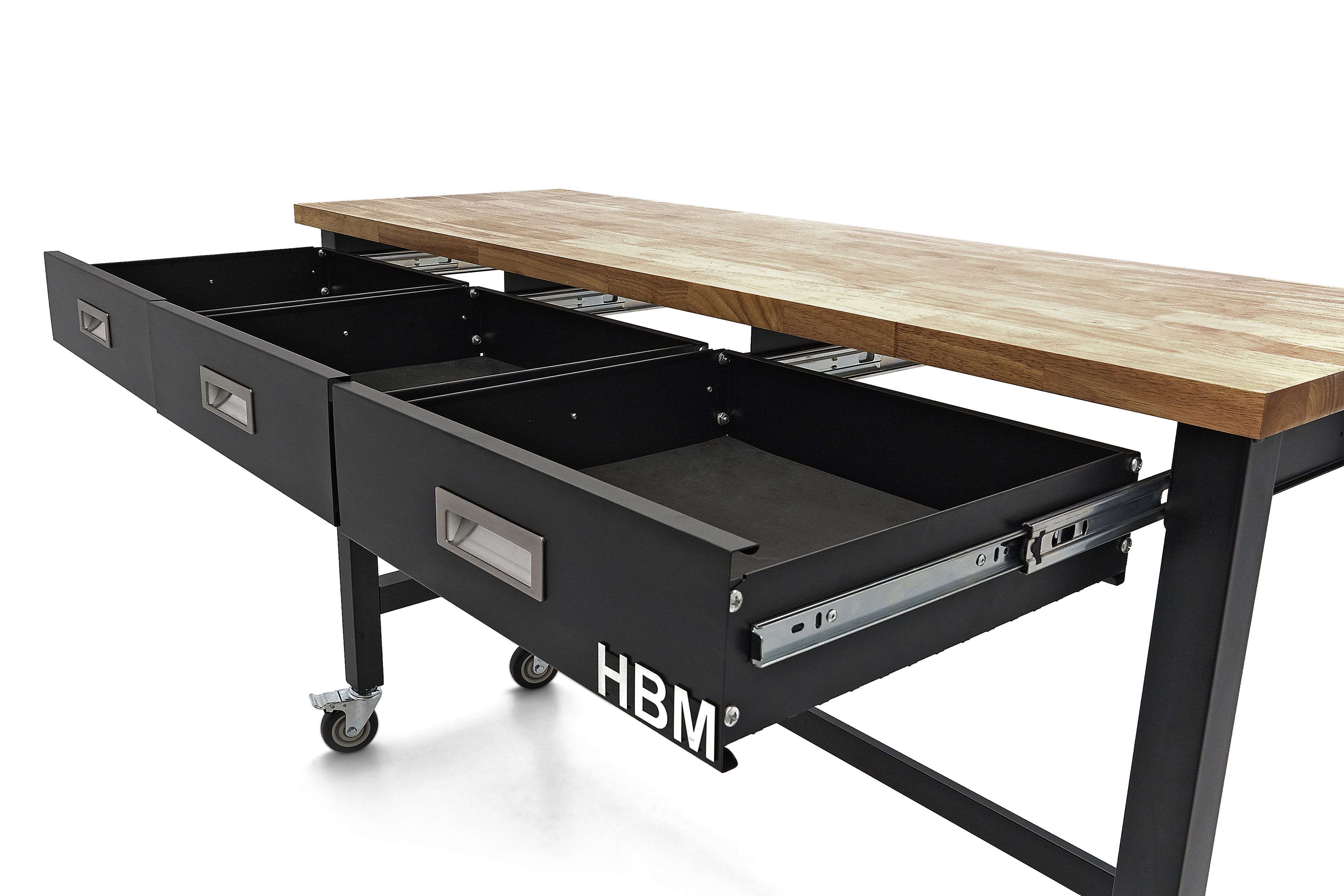 HBM werkbank 152 cm verrijdbaar met 3 laden, massief houten werkblad, zwart Image 8