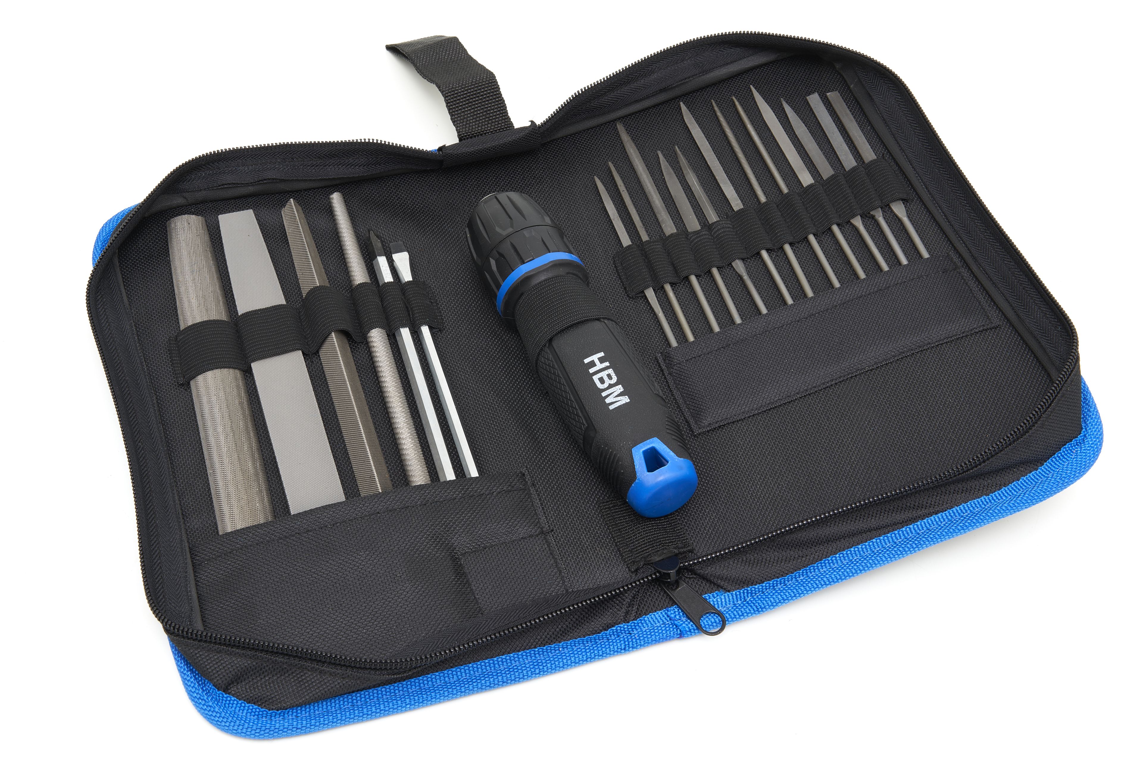 HBM Jeu de limes professionnelles 19 pièces avec poignée souple antidérapante dans une pochette de rangement Image 7