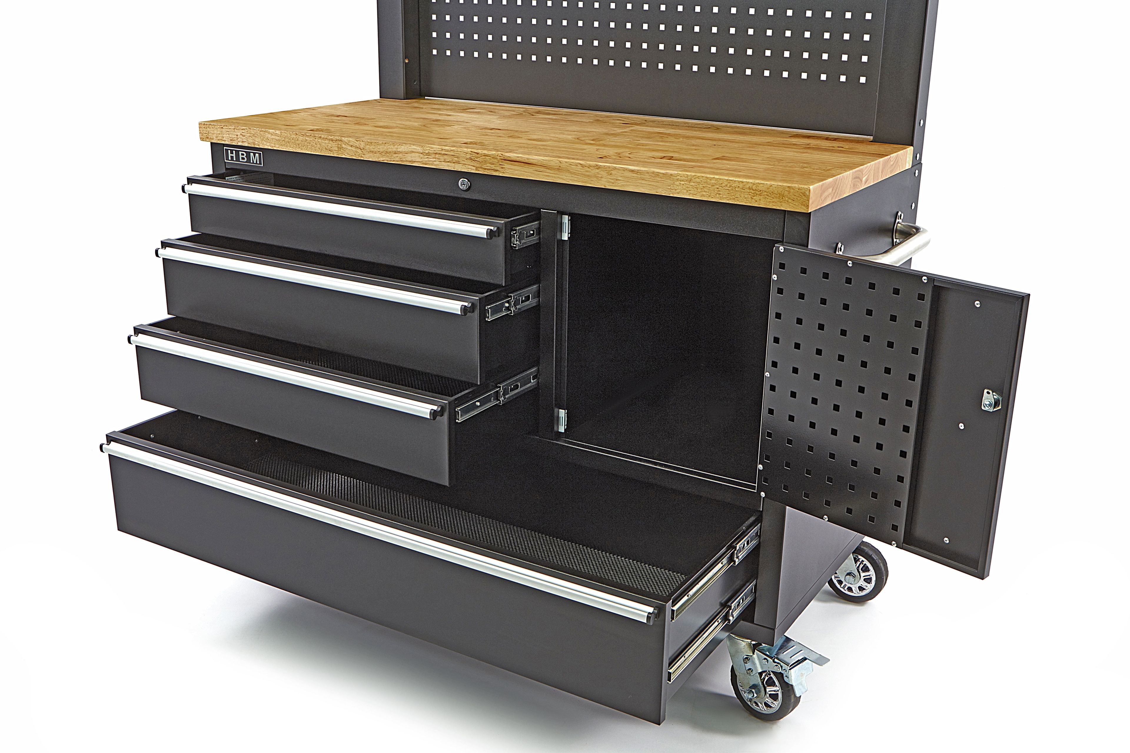 HBM werkbank 122 cm met 4 laden, kastenwand en achterwand, houten werkblad, zwart Image 4