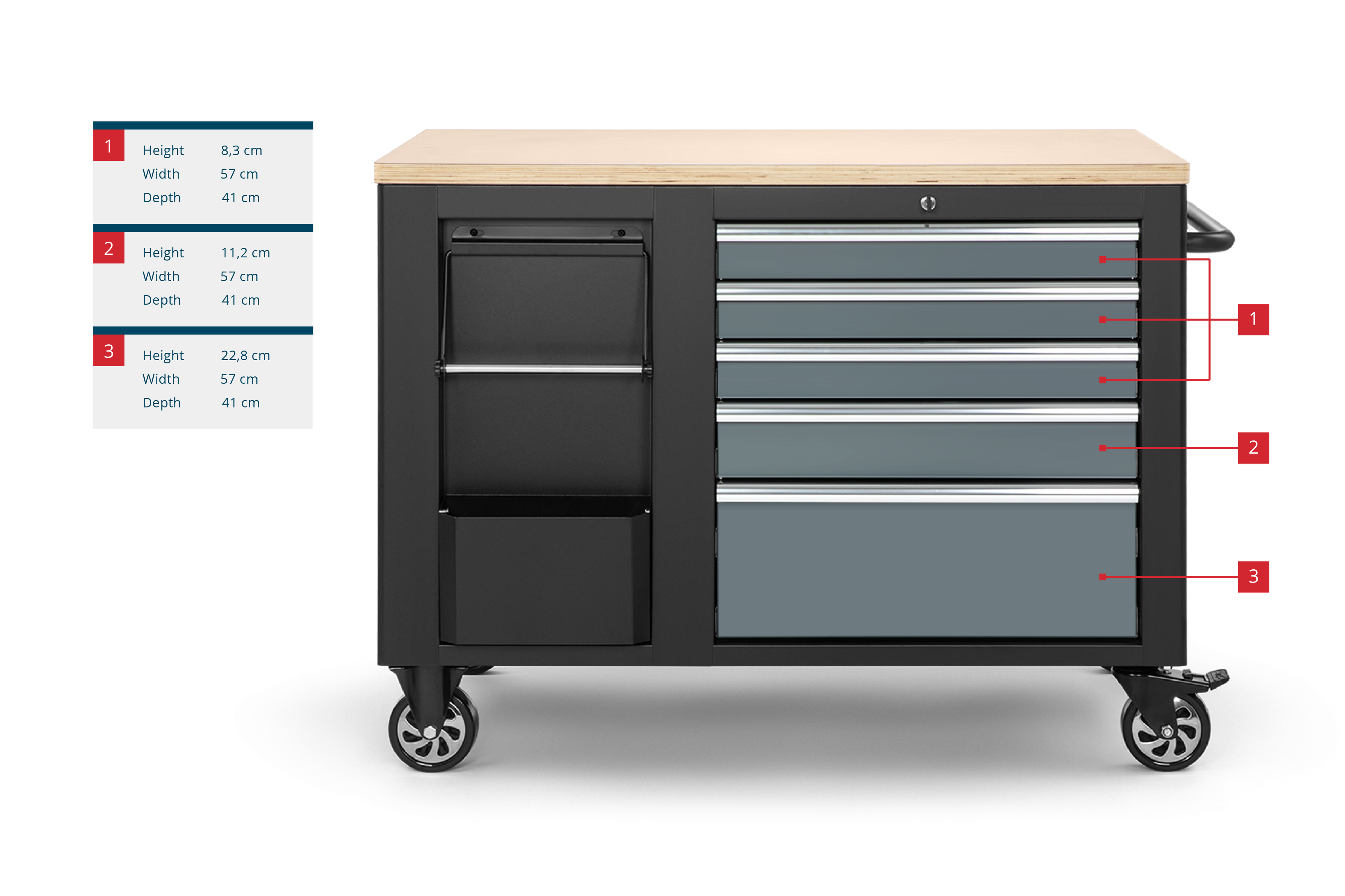 Carro de herramientas móvil HBM, banco de trabajo de 114 cm con tablero de trabajo de madera, negro/gris Image 9