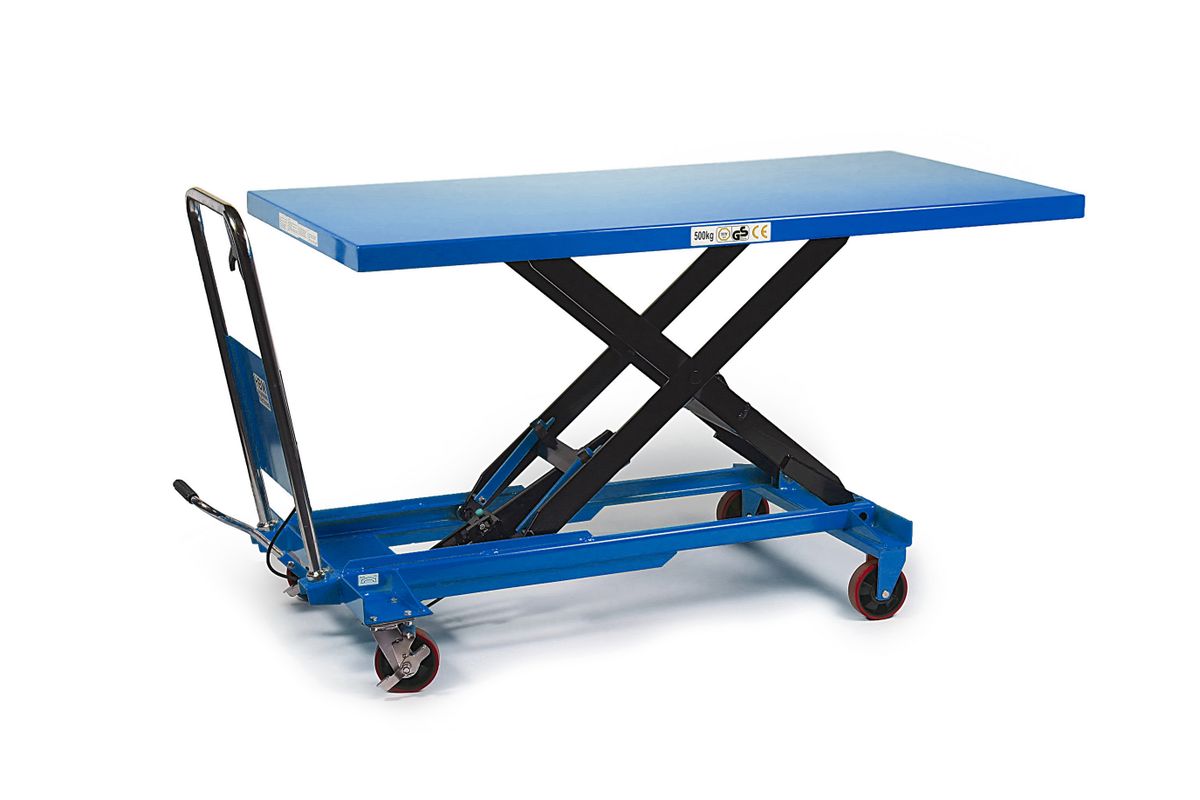 HBM Mesa de trabajo móvil / mesa elevadora grande 500 kg, azul