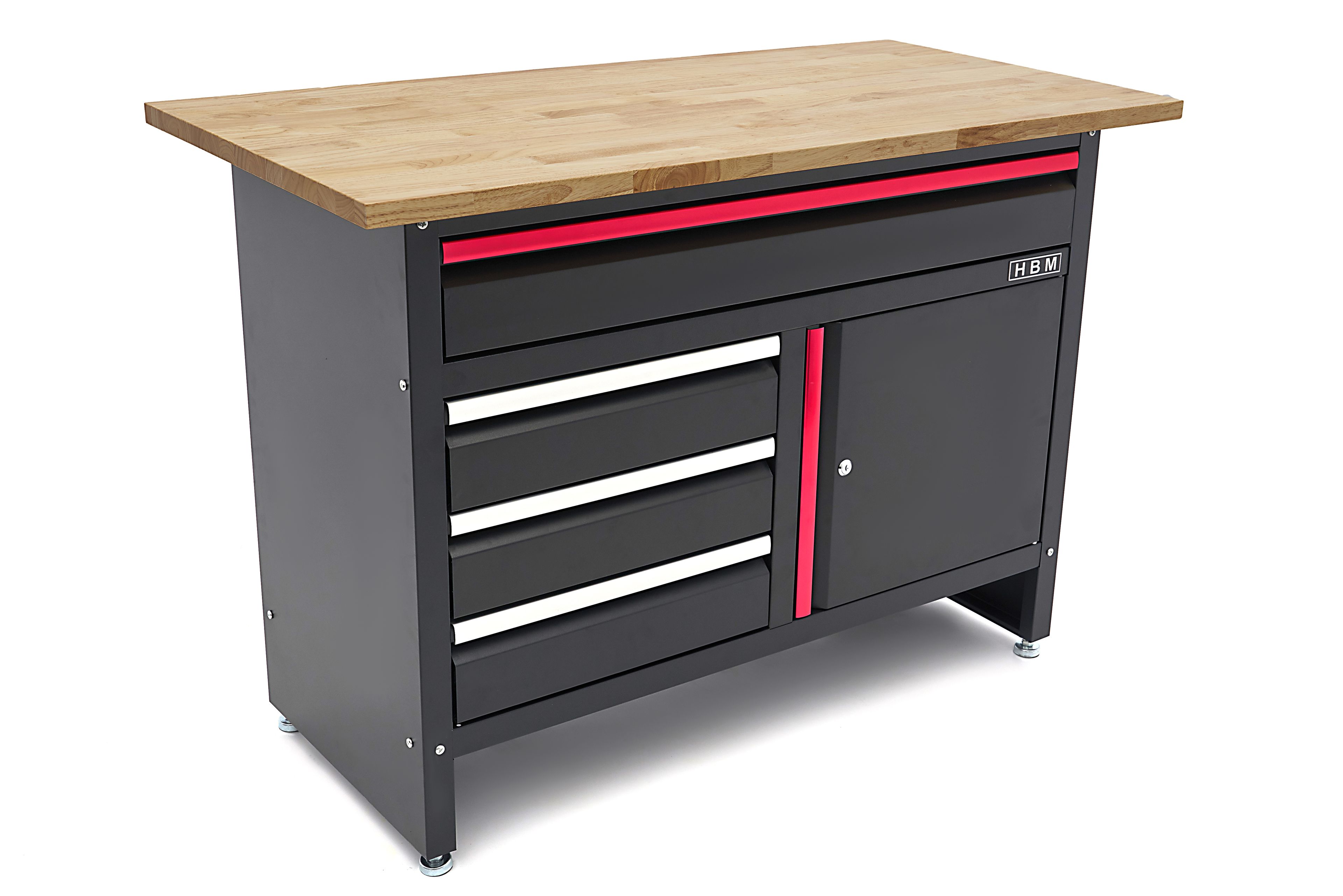 HBM Werkbank 120 cm mit 4 Schubladen, 1 Tür und Holzplatte - Schwarz Image 3