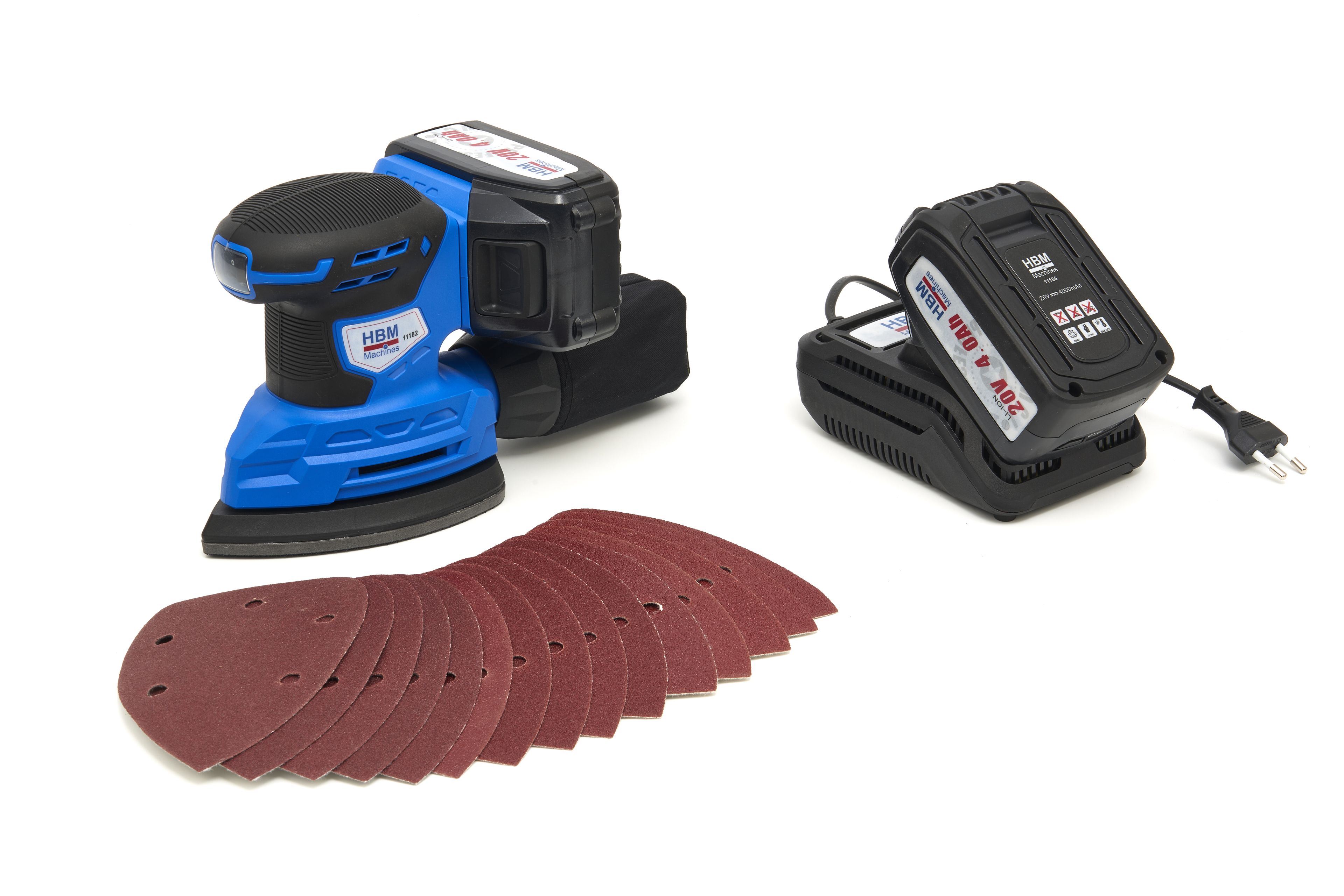 Máquina de lijado de palma HBM Profesional de 20 Voltios 4,0AH Lion con 2 baterías Lion y 15 hojas de lijado Image 4