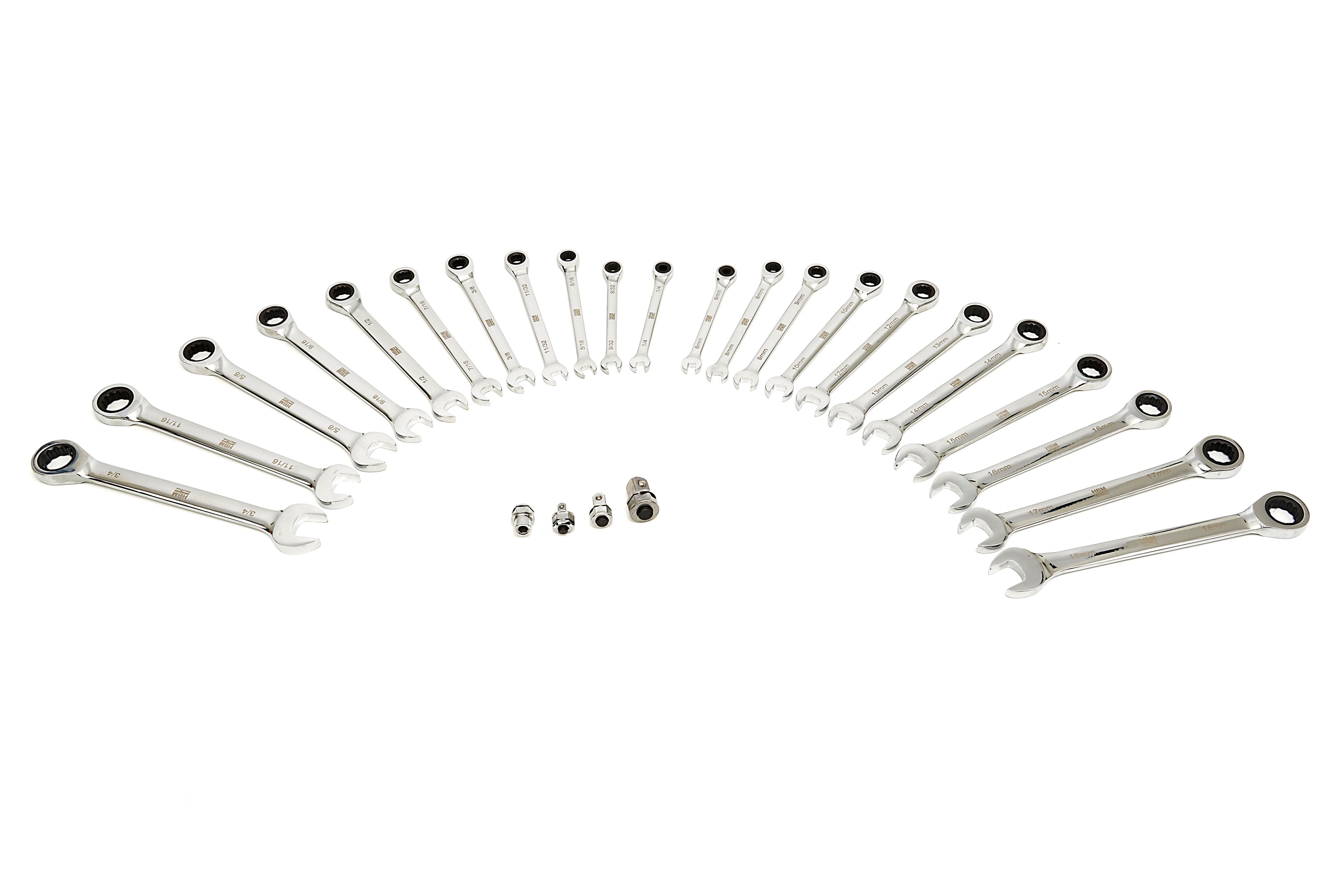 HBM 23 Delige Professionele Ring, Ratel, Steeksleutelset Metrische en INCH Maten Inclusief 4 Adapters